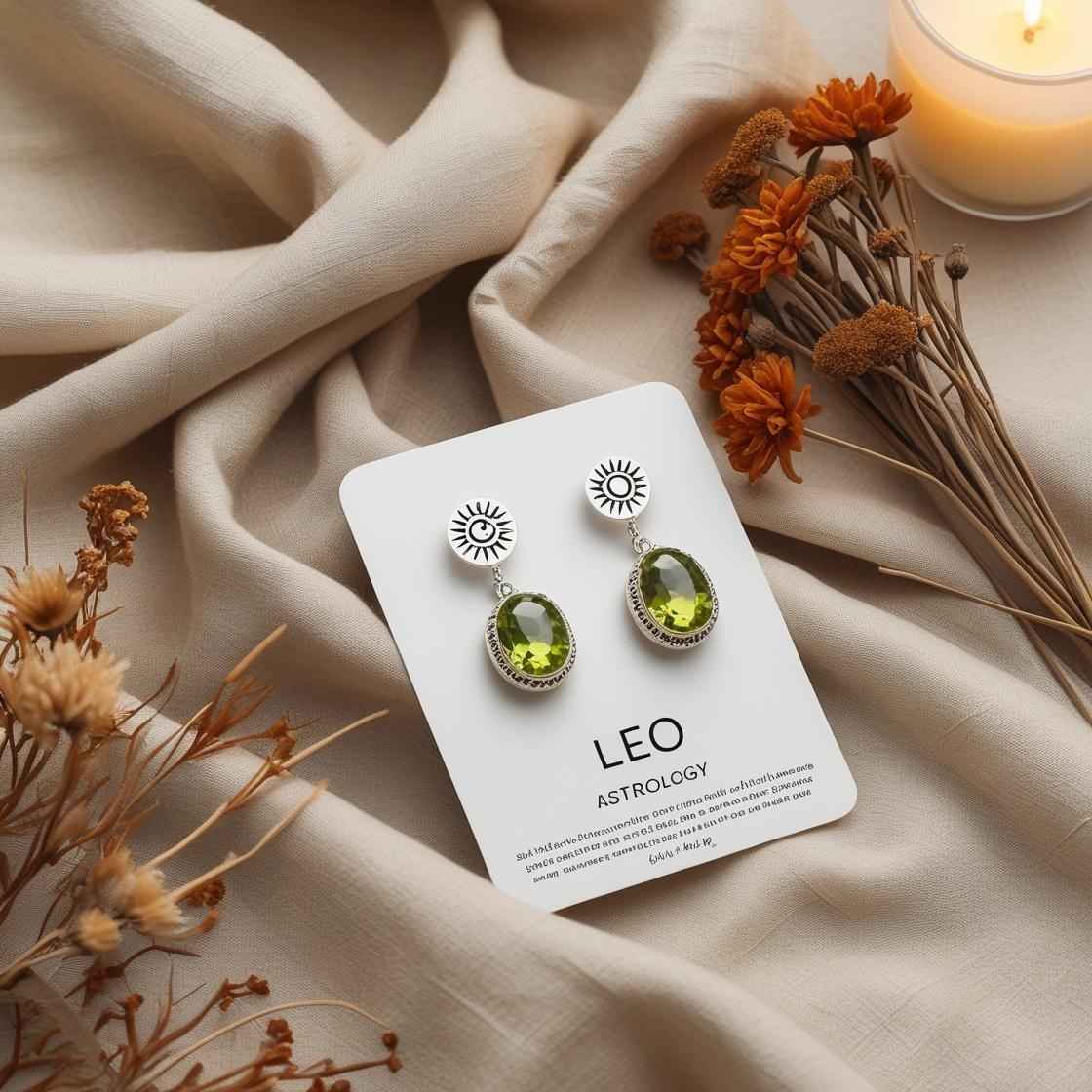 Sterling silver Leo zodiac earrings with Peridot stones in statement styles, styled on beige linen with Leo card and candlelight.