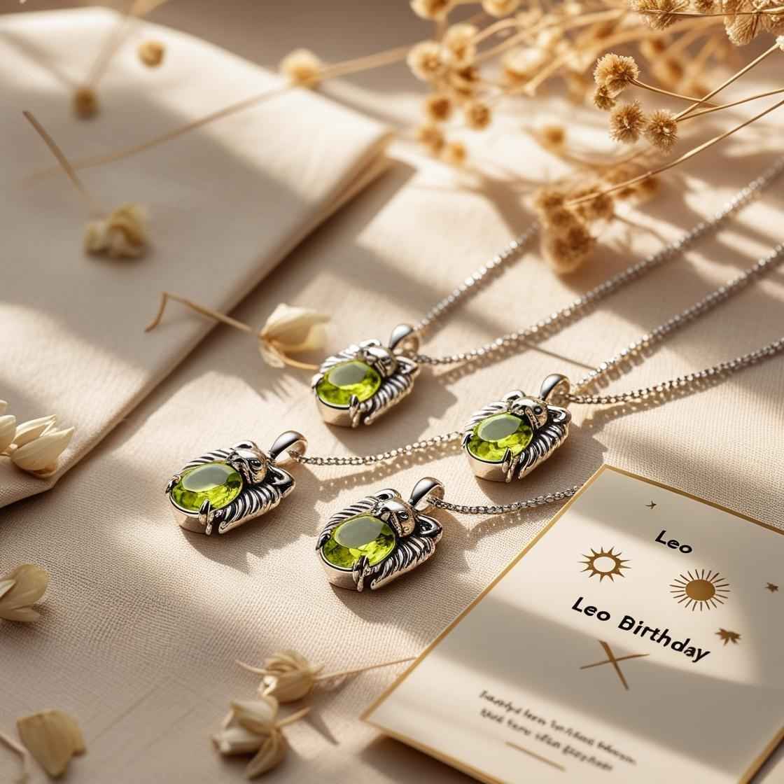 Sterling silver Leo necklaces with Peridot gemstones and lion or zodiac pendants styled on beige linen with sun symbols and a Leo card.