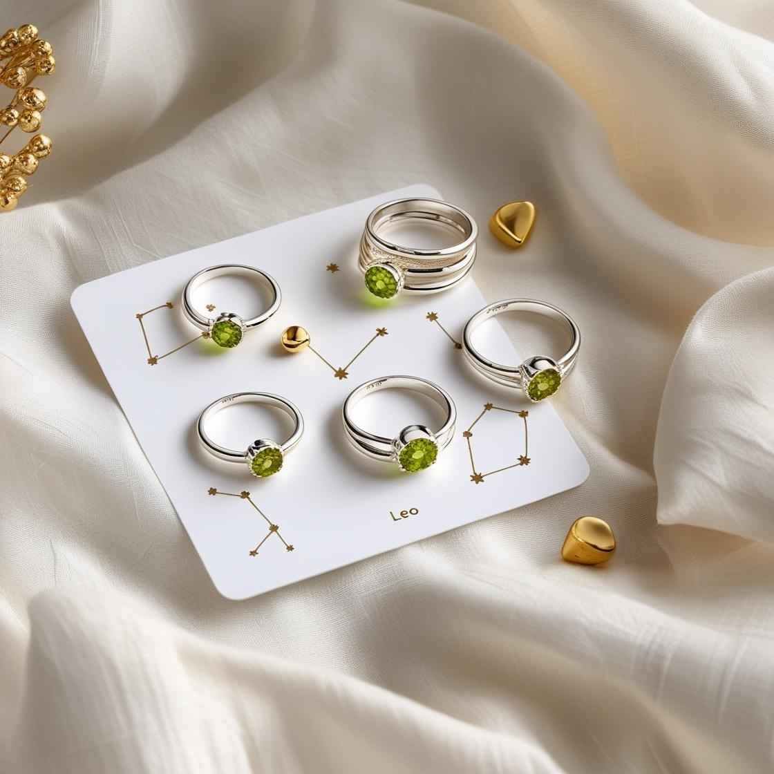 Leo zodiac and Peridot rings in gold and silver tones, including solitaire and stacking styles, styled on linen with zodiac props and natural light