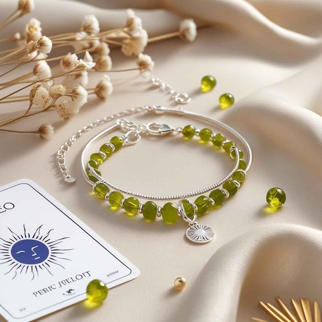 Leo-themed bracelets in silver and gold with Peridot accents, featuring cuffs and charm styles, styled on neutral fabric with zodiac symbols and sun props.