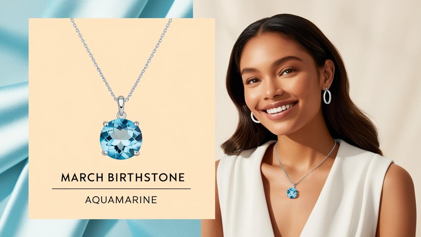 model wearing march birthstone necklace
