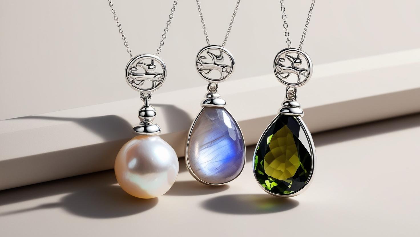 alexandrite,moonstone and pearl pendants representing gemini necklaces