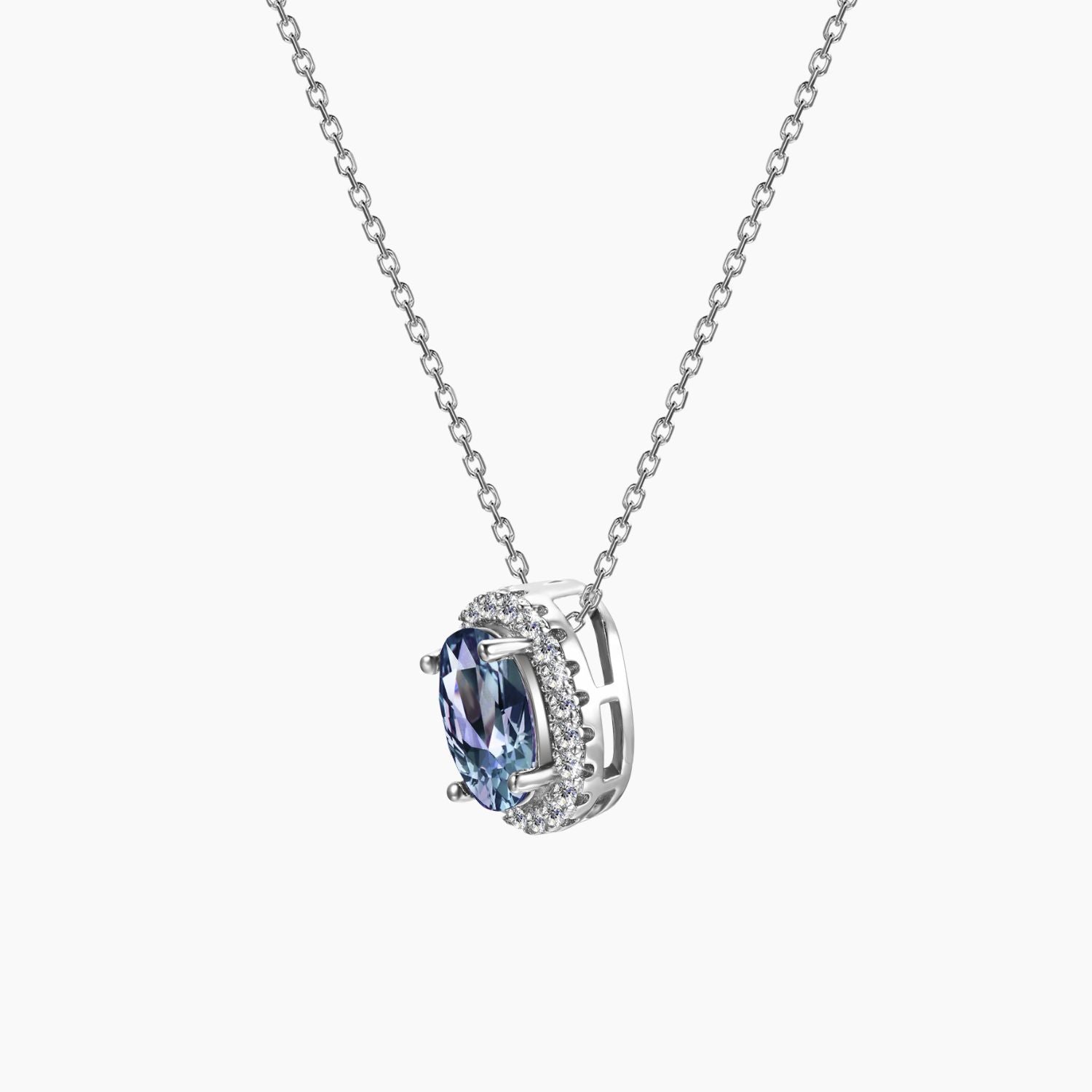 Alexandrite oval-cut halo necklace in silver with adjustable chain – elegant June birthstone jewellery