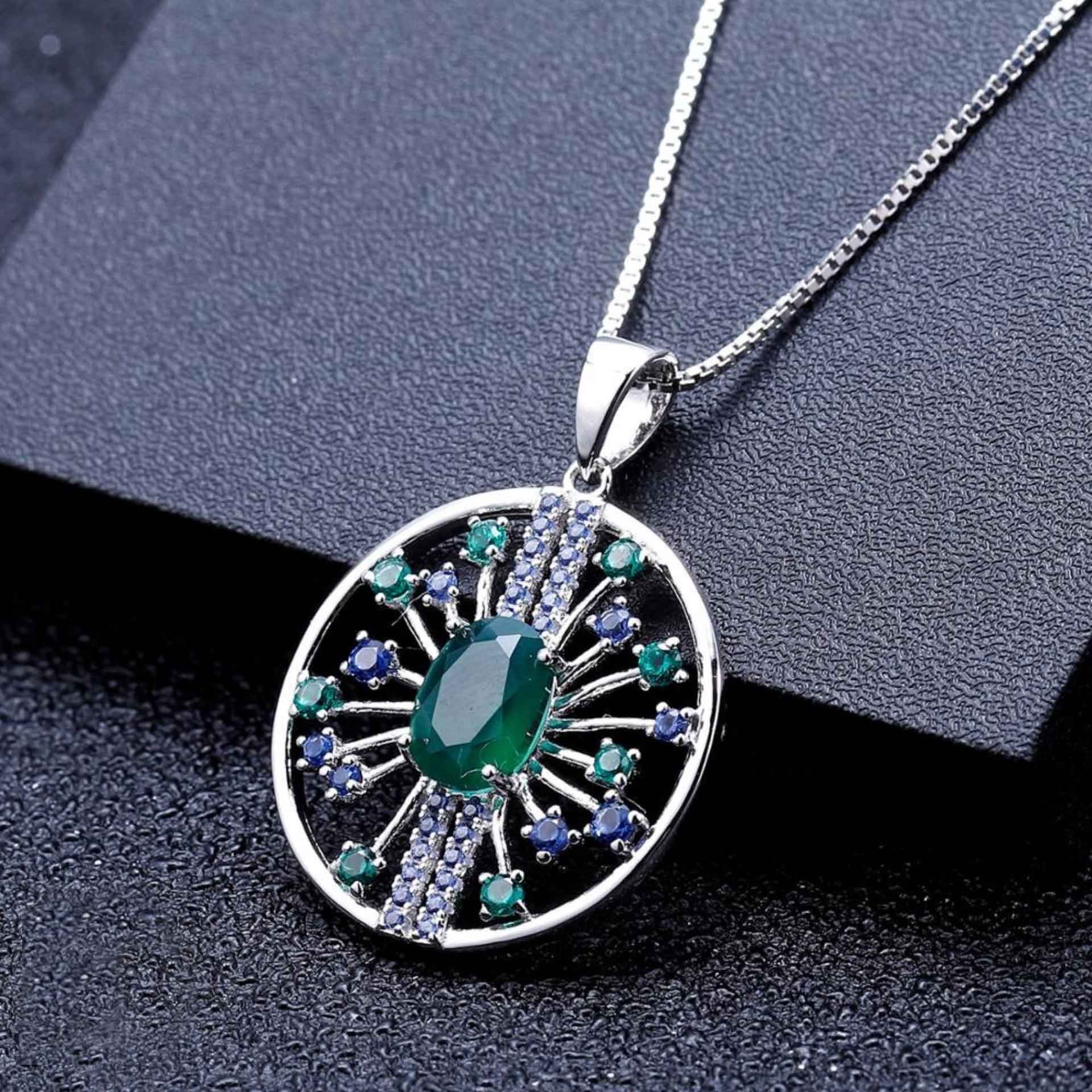 Chrysoprase Pendant in Sterling Silver with Lab Emerald & Sapphire