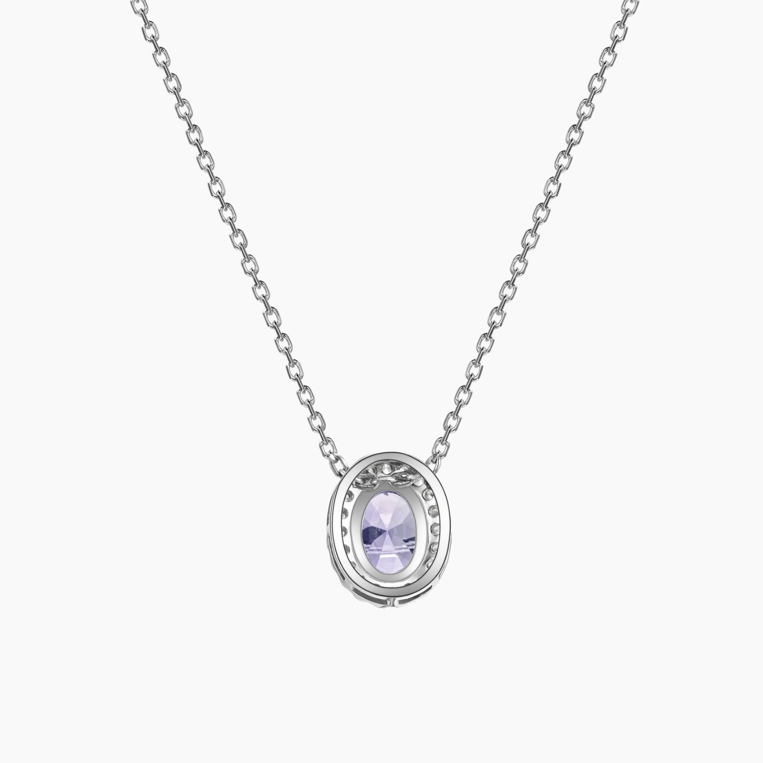 Back view of silver Alexandrite necklace with oval gemstone and halo setting – Irosk Australia design