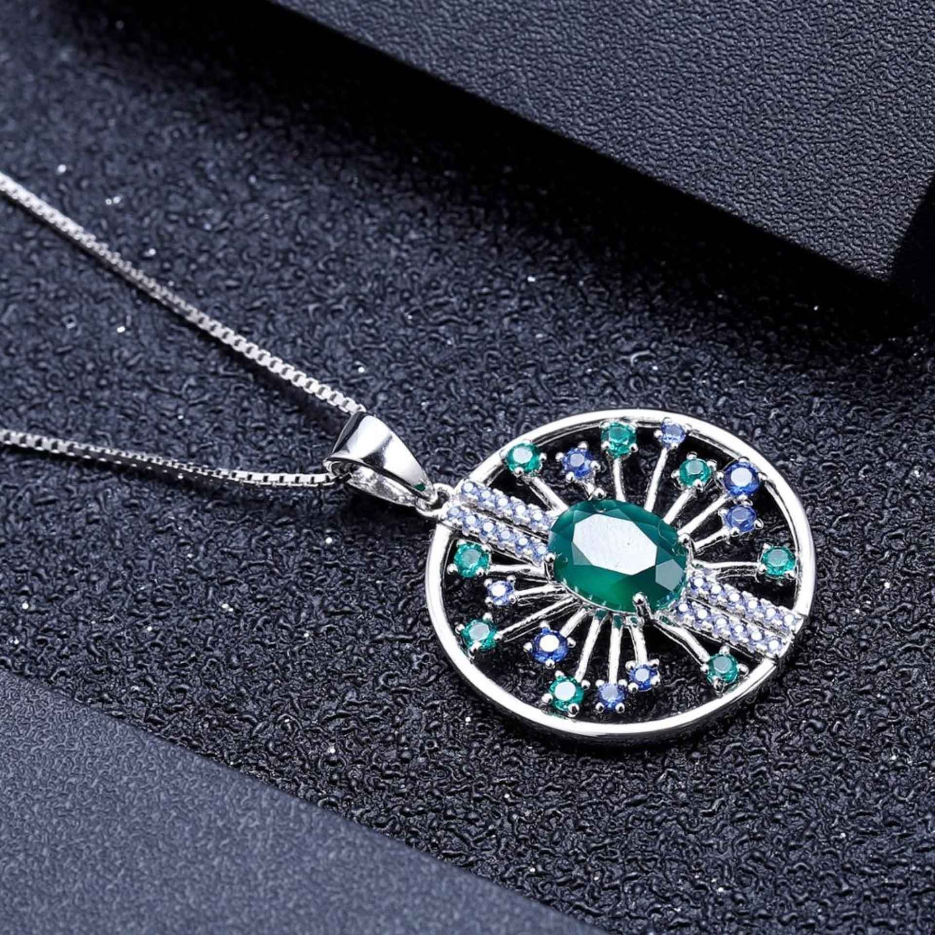 Chrysoprase Pendant in Sterling Silver with Lab Emerald & Sapphire