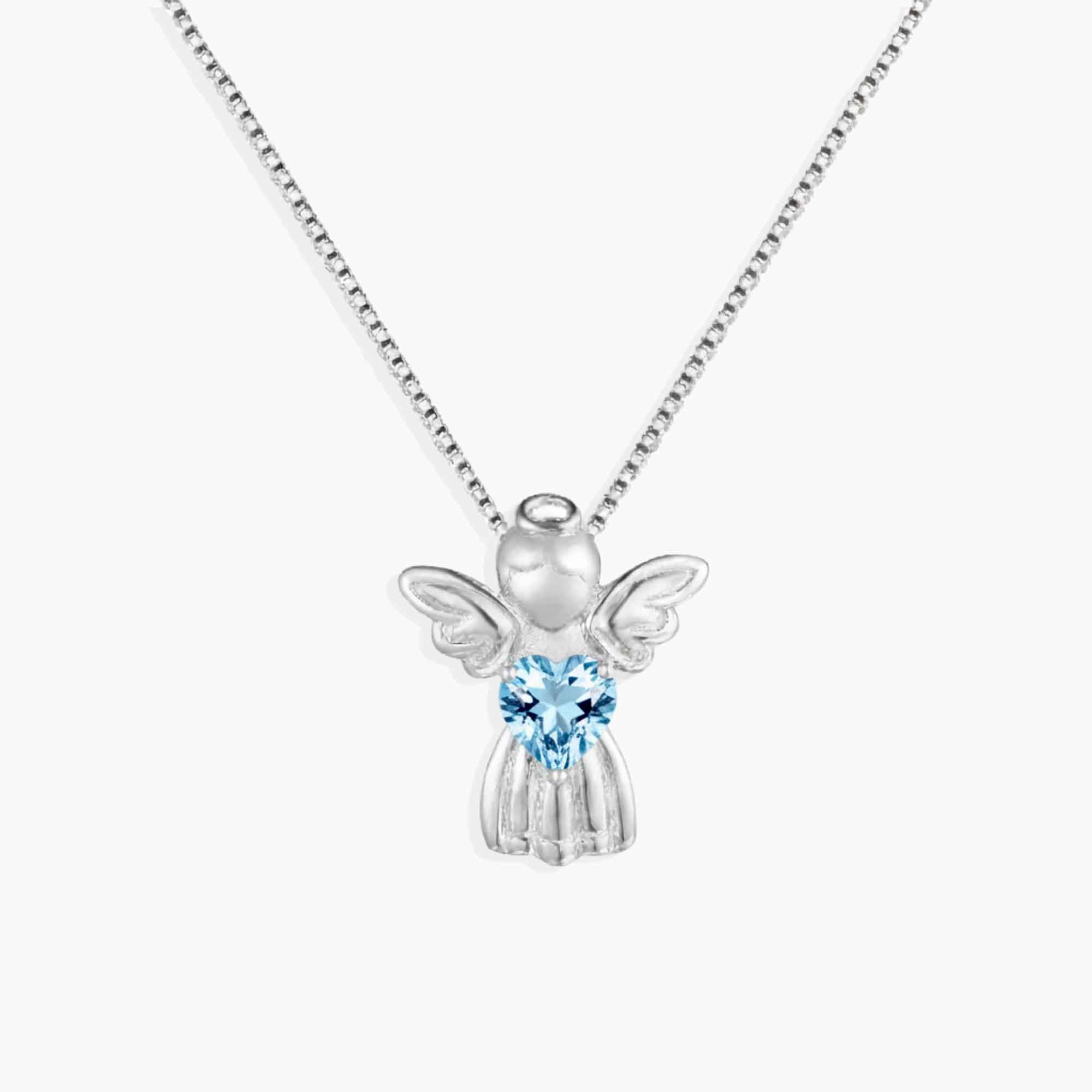 Silver angel pendant with a blue aquamarine gemstone on a white background
