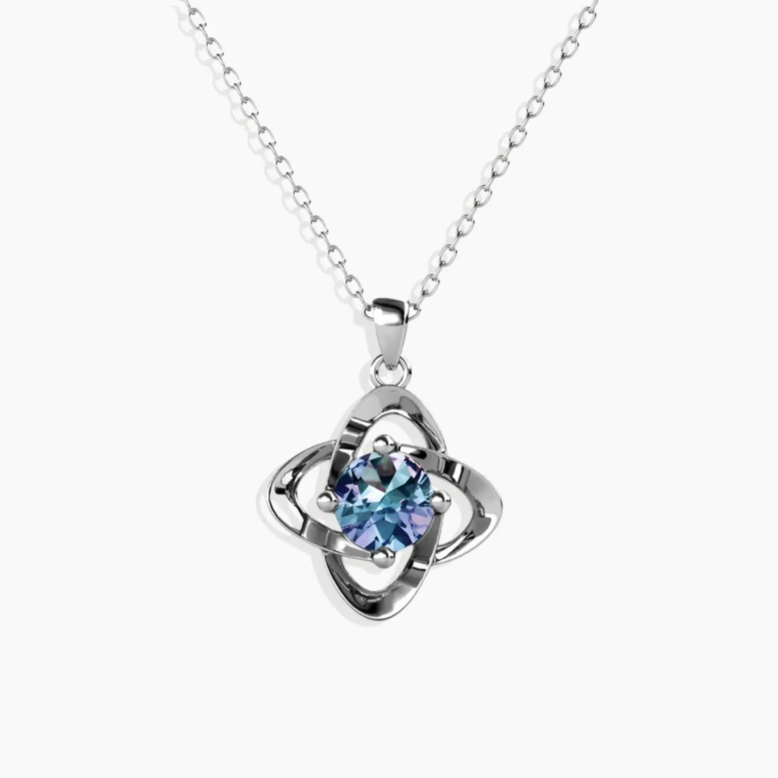Alexandrite bond pendant necklace in sterling silver with interwoven loops and colour-changing gem