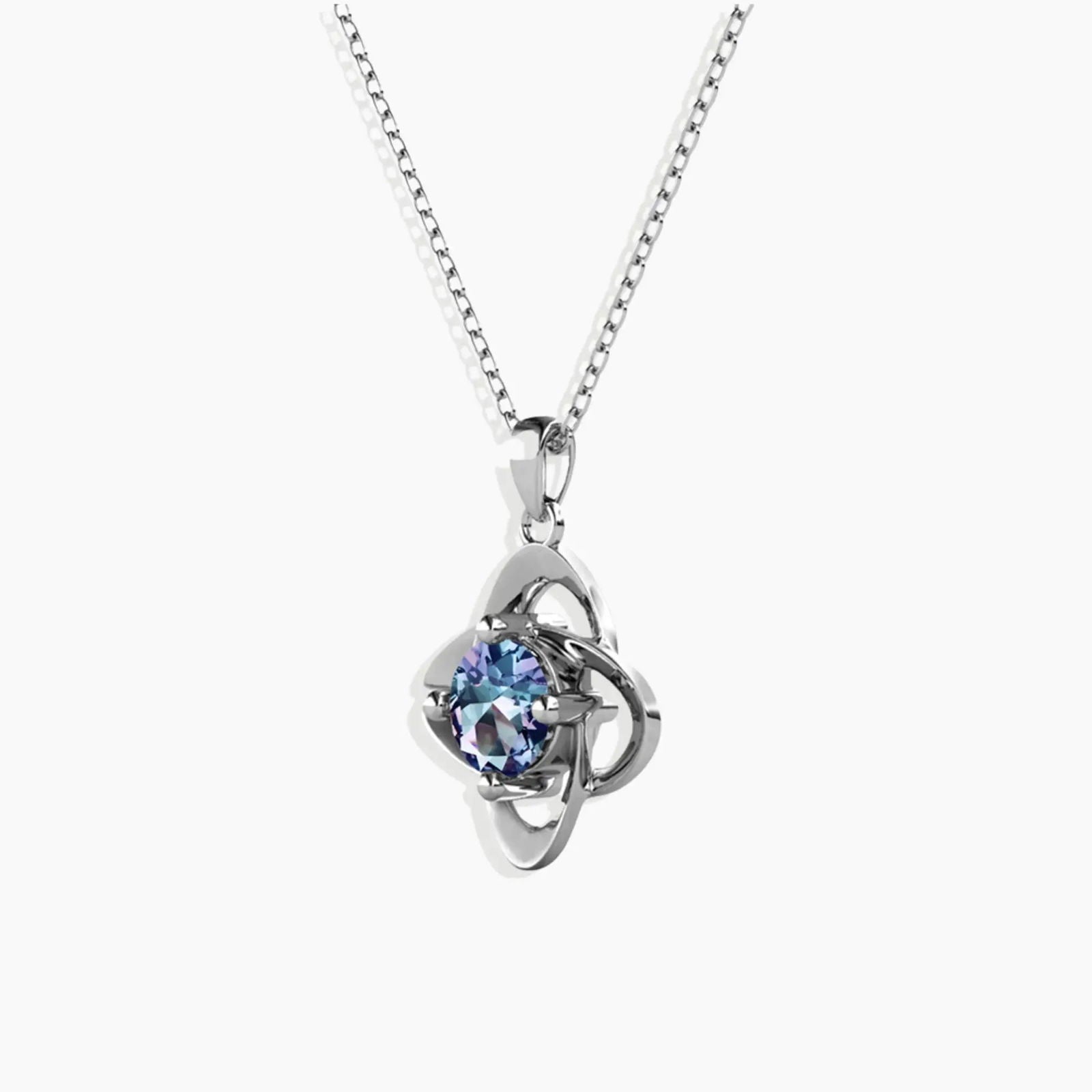 Bond-inspired Alexandrite necklace with silver loops and round-cut gemstone on trace chain