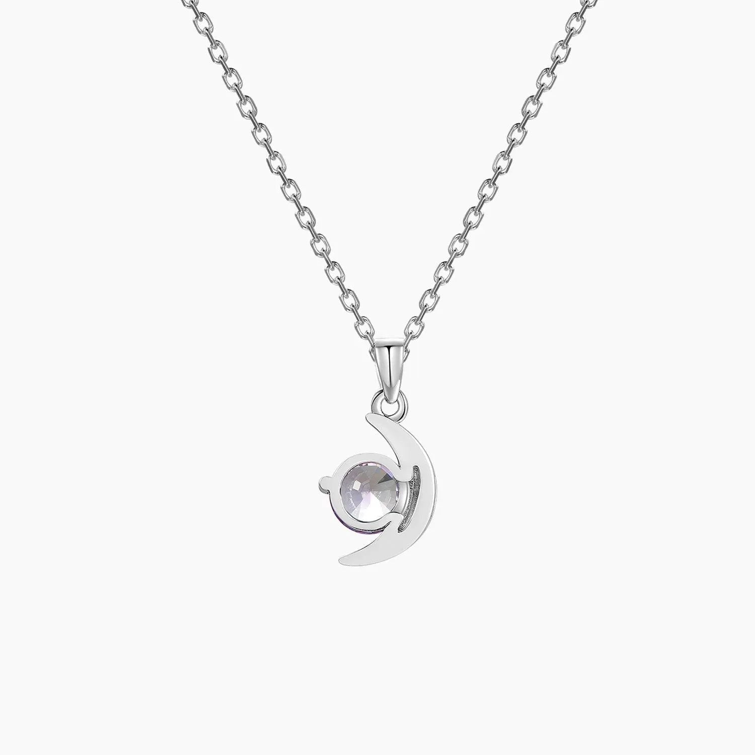 Back side Silver moon-shaped necklace with Alexandrite gemstone on trace chain – June birthstone gift