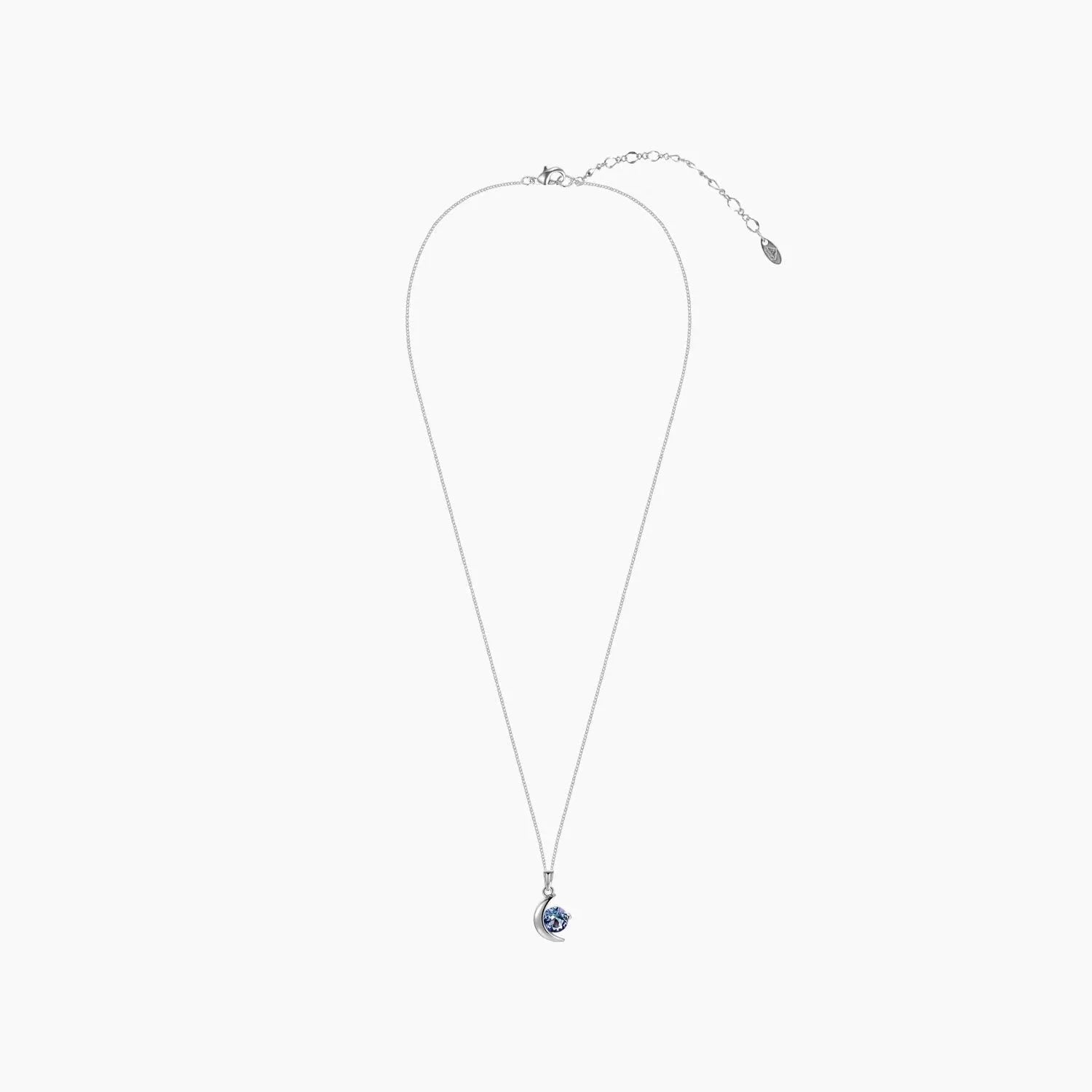 Alexandrite moon pendant necklace with trace chain and lobster clasp – laid flat display