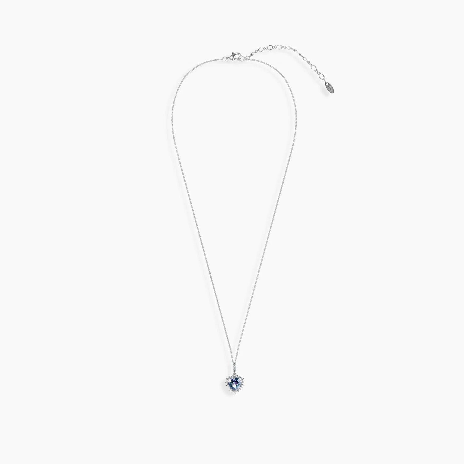 Full view of Alexandrite heart halo necklace in sterling silver with adjustable trace chain