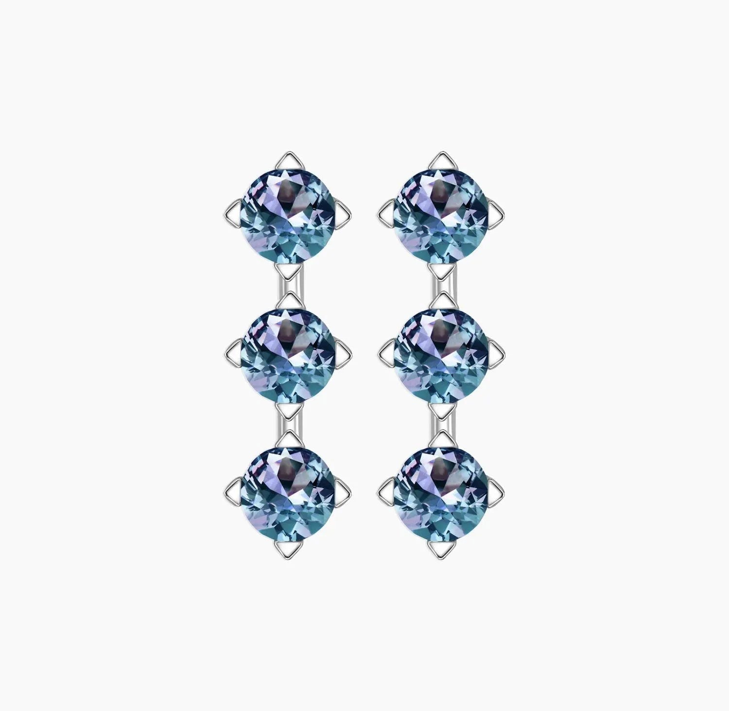 Front view of designer-inspired Alexandrite earrings with vertical trio of round gemstone