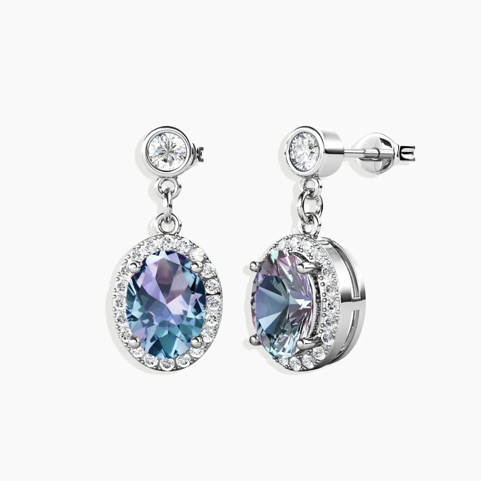 Alexandrite oval drop earrings in sterling silver – colour-changing gemstone with round accent stone