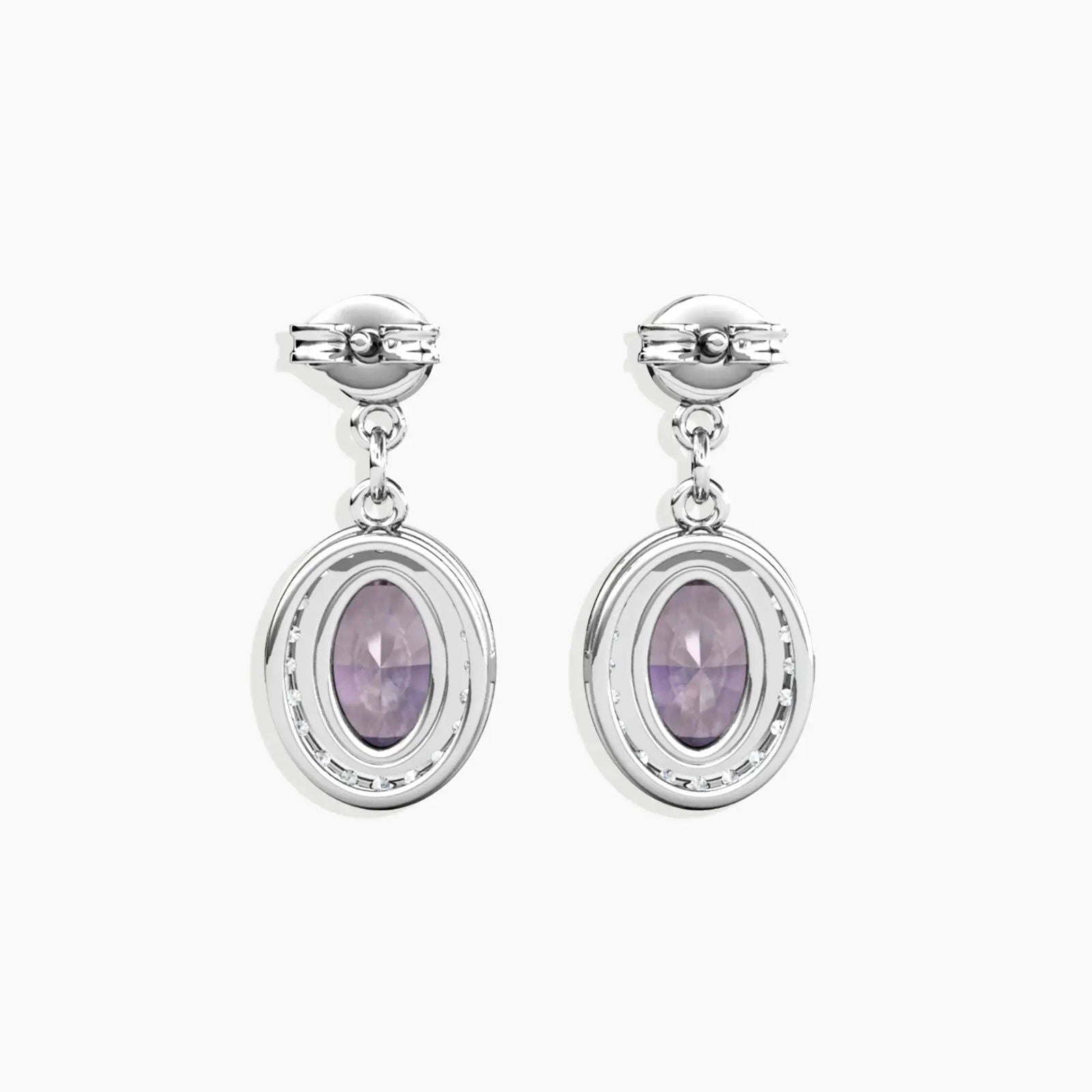 Alexandrite earrings with visible colour shift from blue to purple – lab-grown oval-cut gemstones