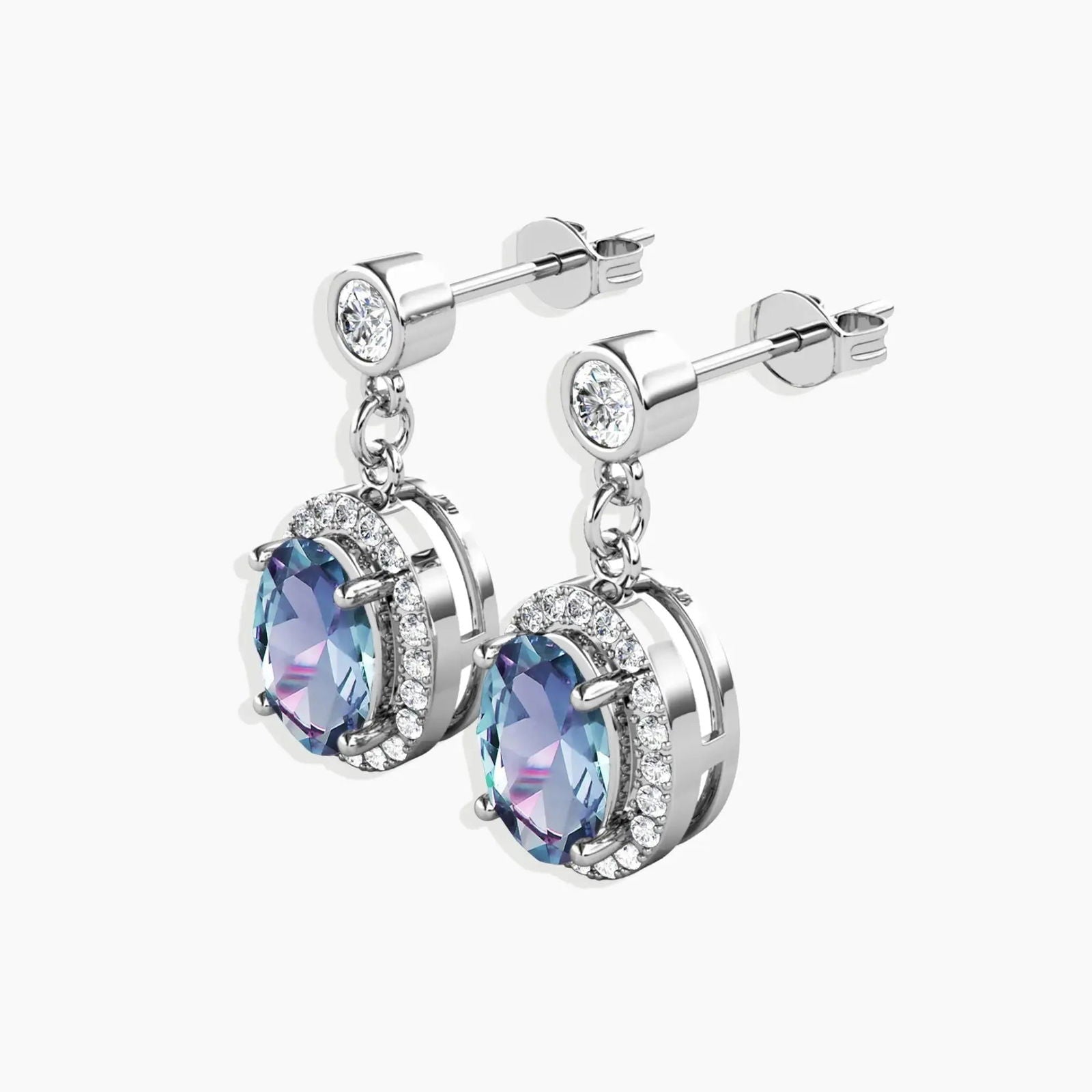 Alexandrite oval dangle earrings with secure stud clasp – rhodium-plated silver setting