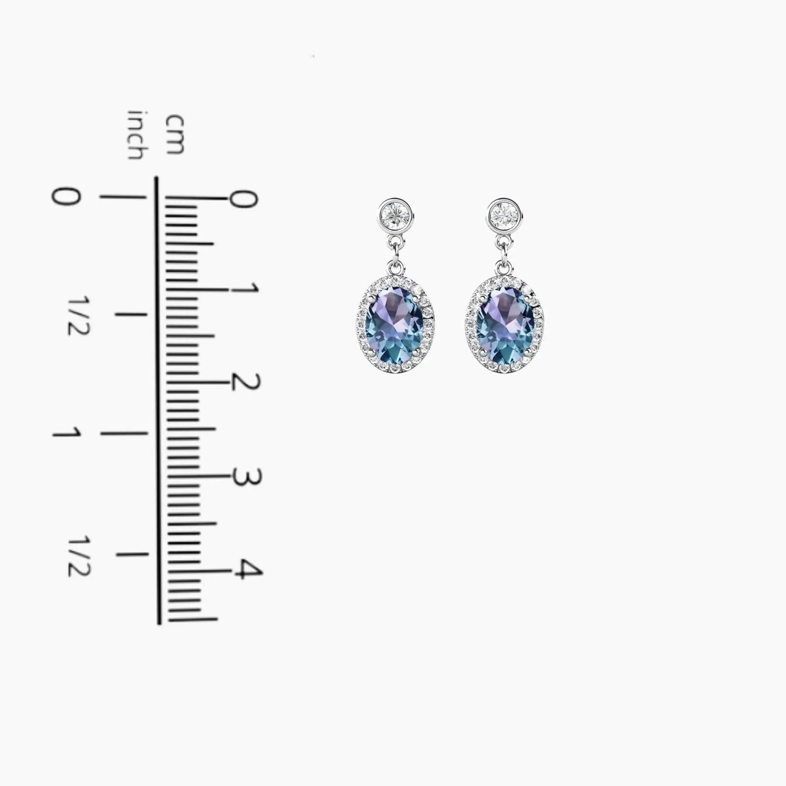 Alexandrite drop earrings shown with ruler – 1.9 cm height, 0.9 cm width