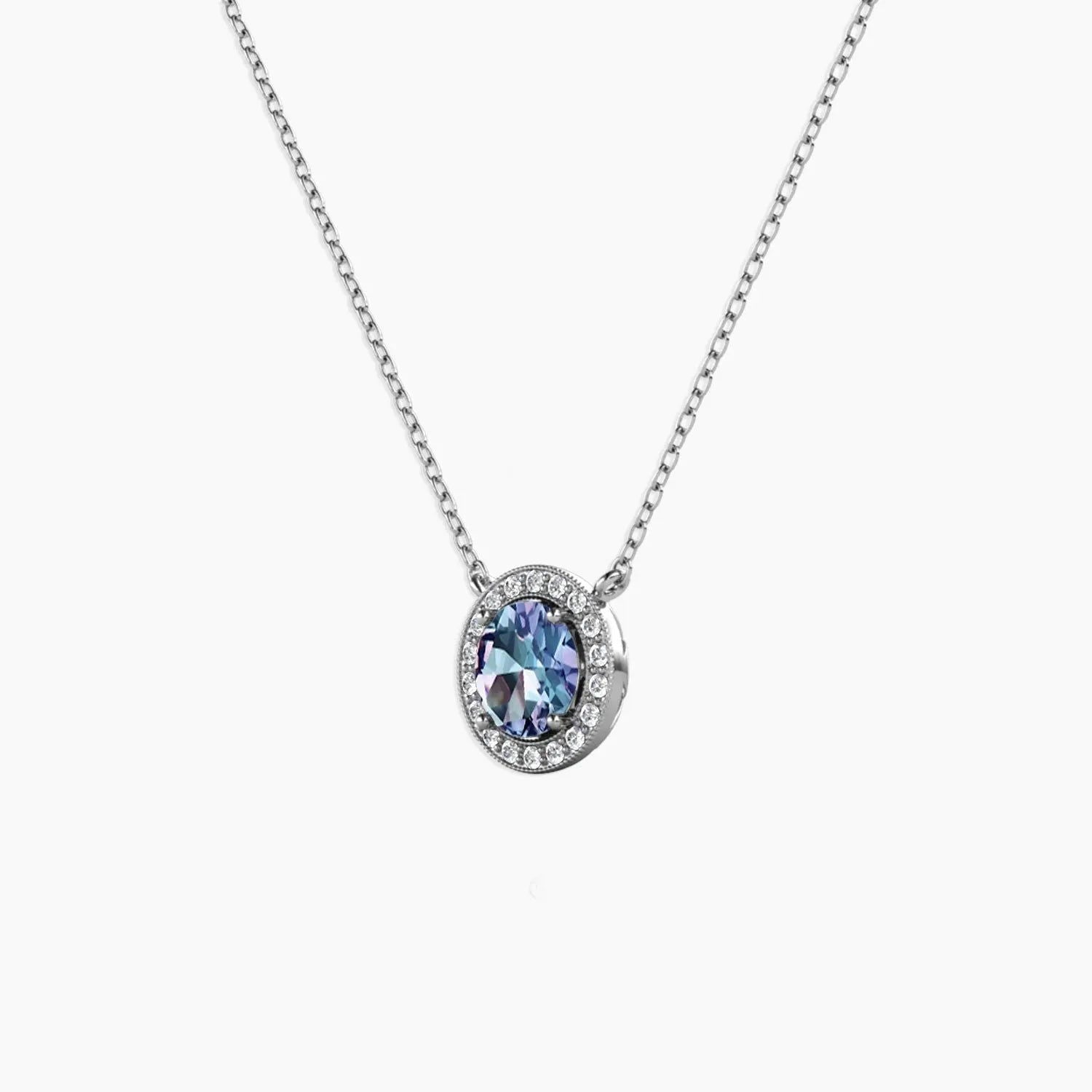 Alexandrite round cut halo pendant on rhodium-plated silver chain – timeless birthstone jewellery