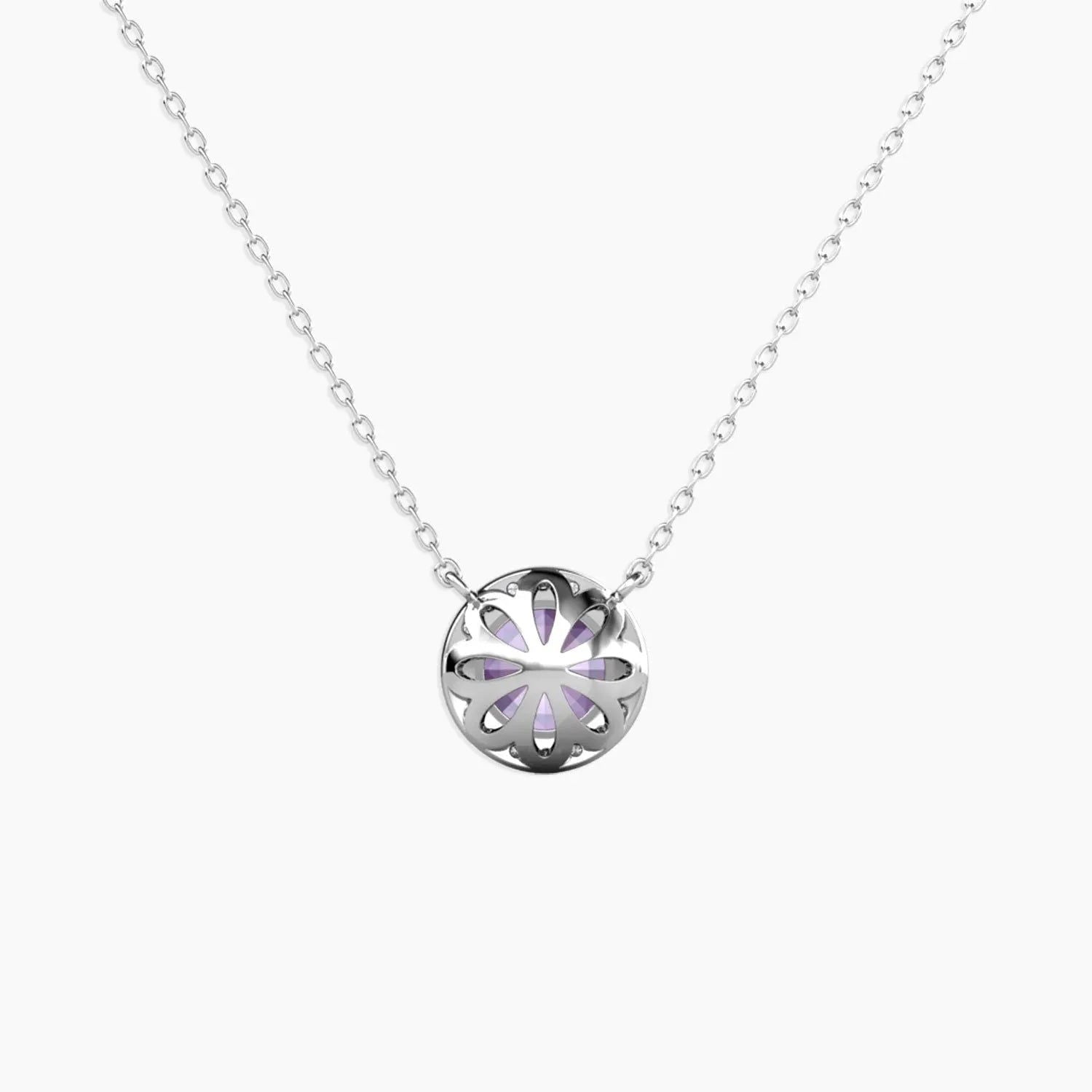 Close-up of halo necklace backside with round Alexandrite gemstone and shimmering CZ border in silver