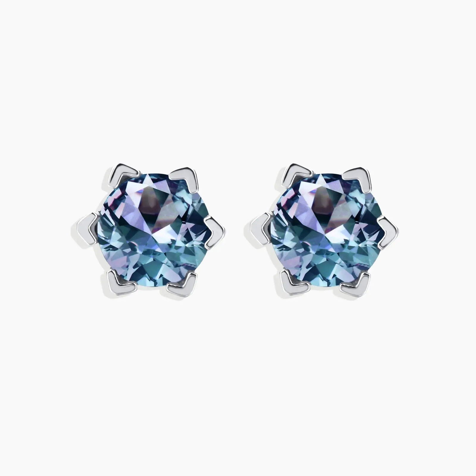 Front view of Alexandrite hexagon stud earrings with round-cut gemstone and rhodium-plated frame