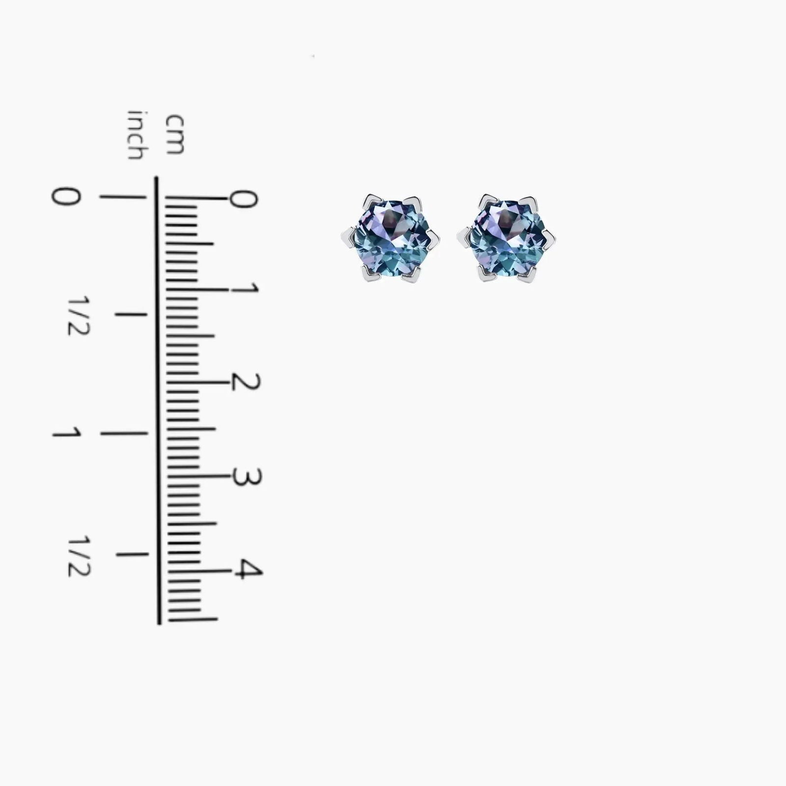 Alexandrite hexagon stud earrings shown with ruler – 0.9 cm height and 7 mm gemstone diameter