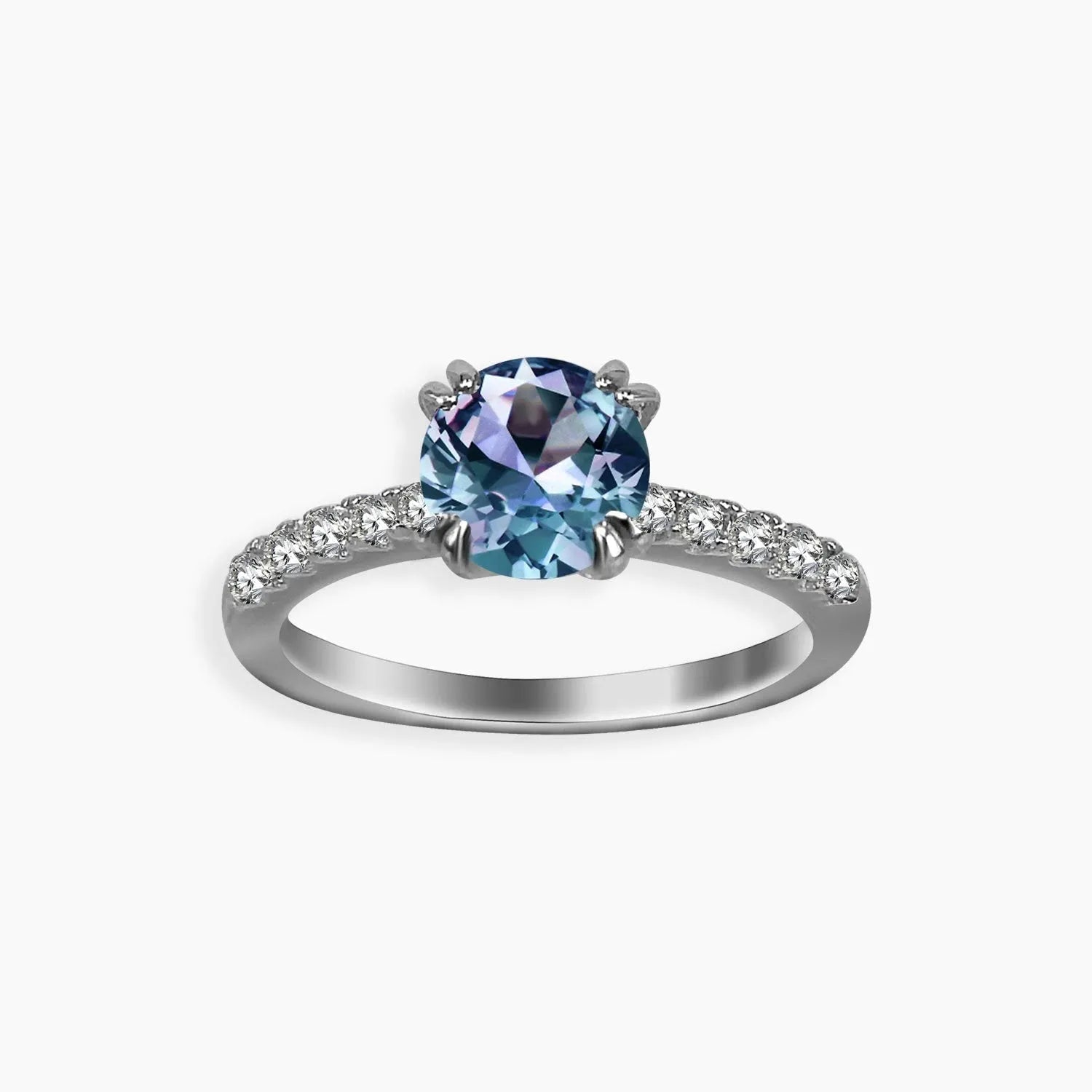 Alexandrite solitaire ring with pavé band in sterling silver – round-cut gemstone shifts blue to purple
