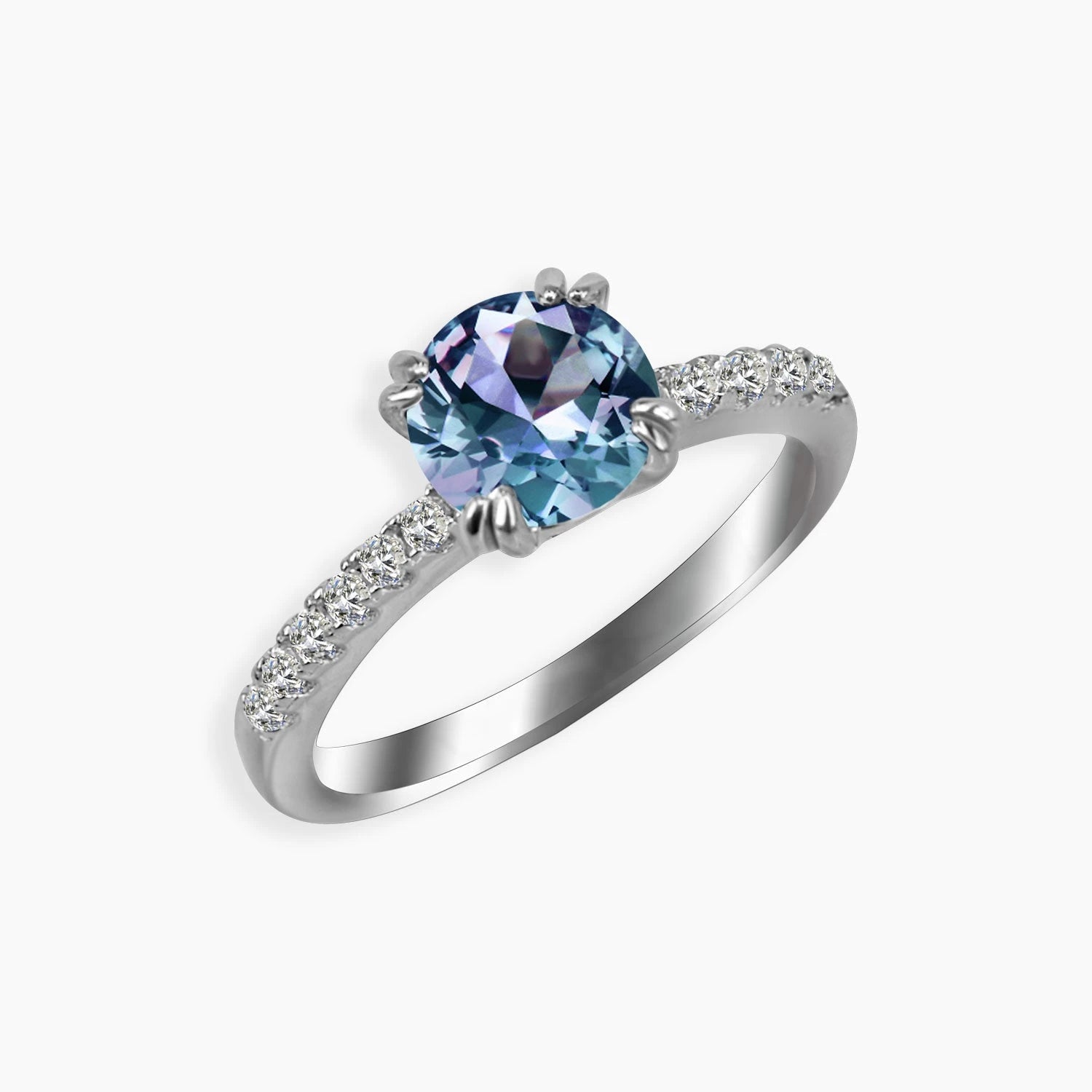 Side angle view of Alexandrite solitaire ring with pavé CZ band and rhodium-plated silver setting