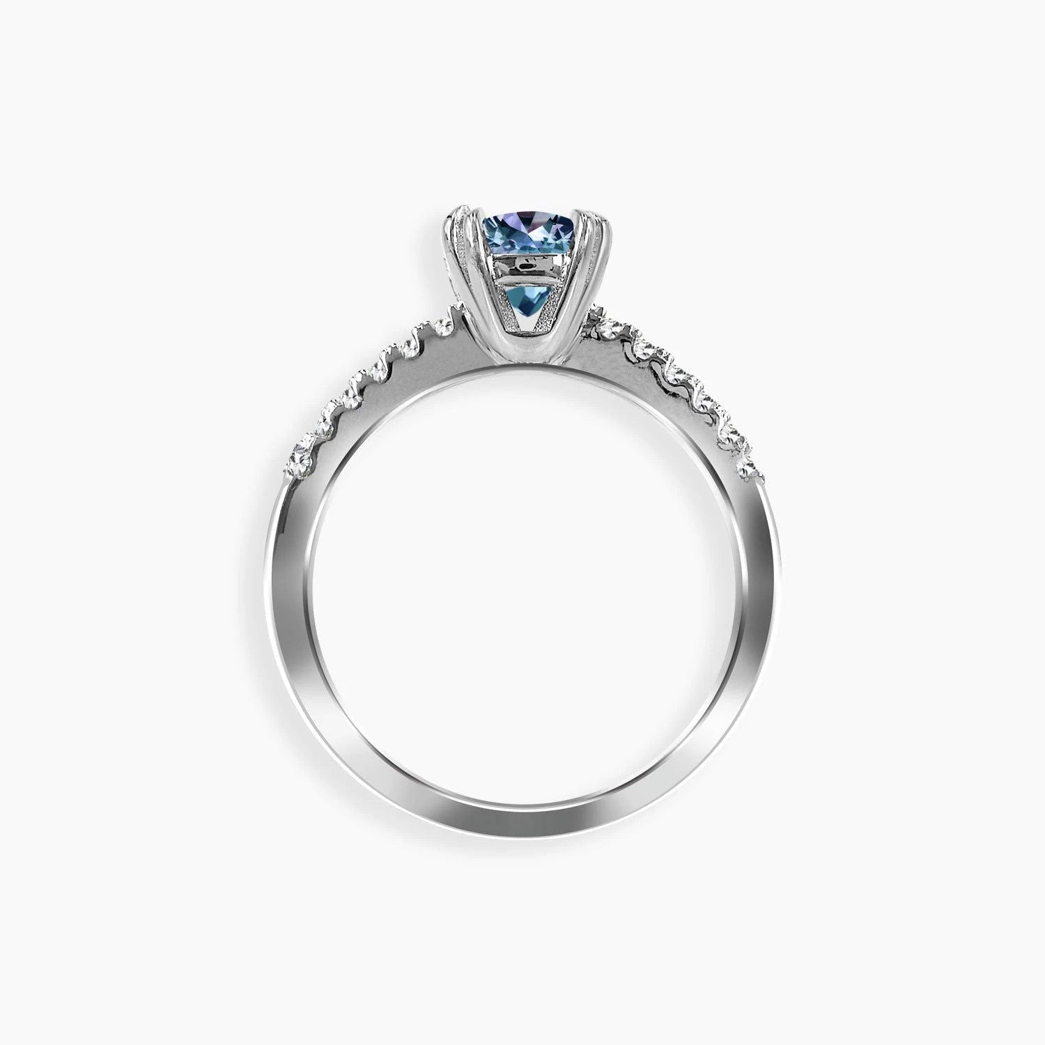 Side profile of round Alexandrite solitaire ring in silver with elevated gemstone setting