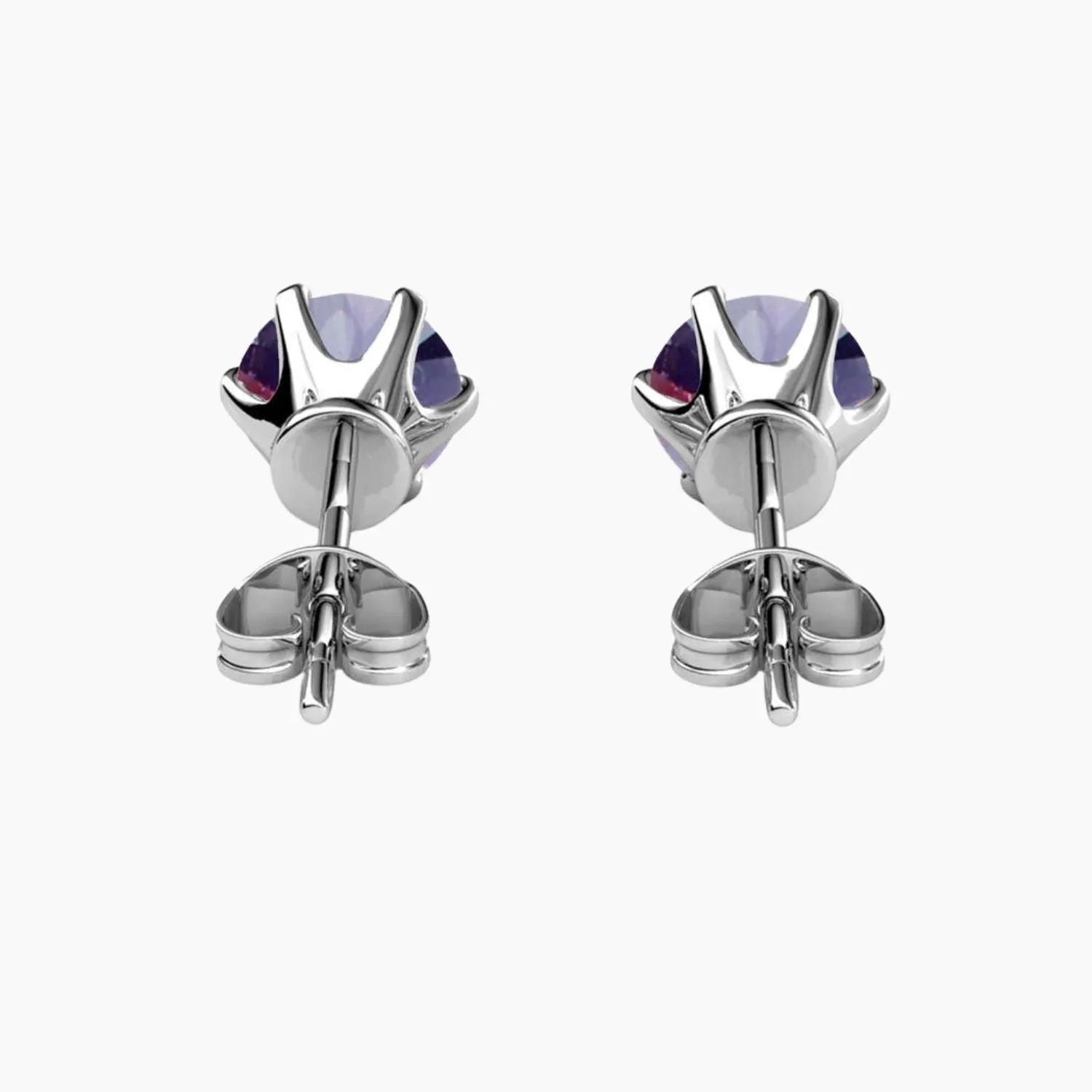 Back of Alexandrite round stud earrings showing 925 silver setting and push backs