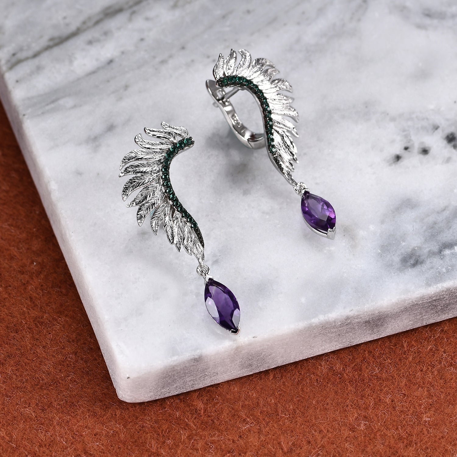 Amethyst Feather Earrings in Sterling Silver - Irosk Australia
