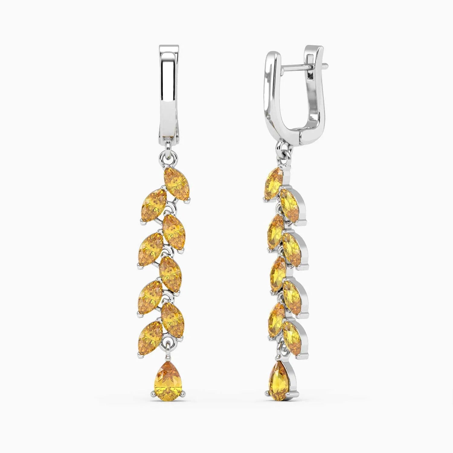 dron and side view of citrine drop earrings on light background
