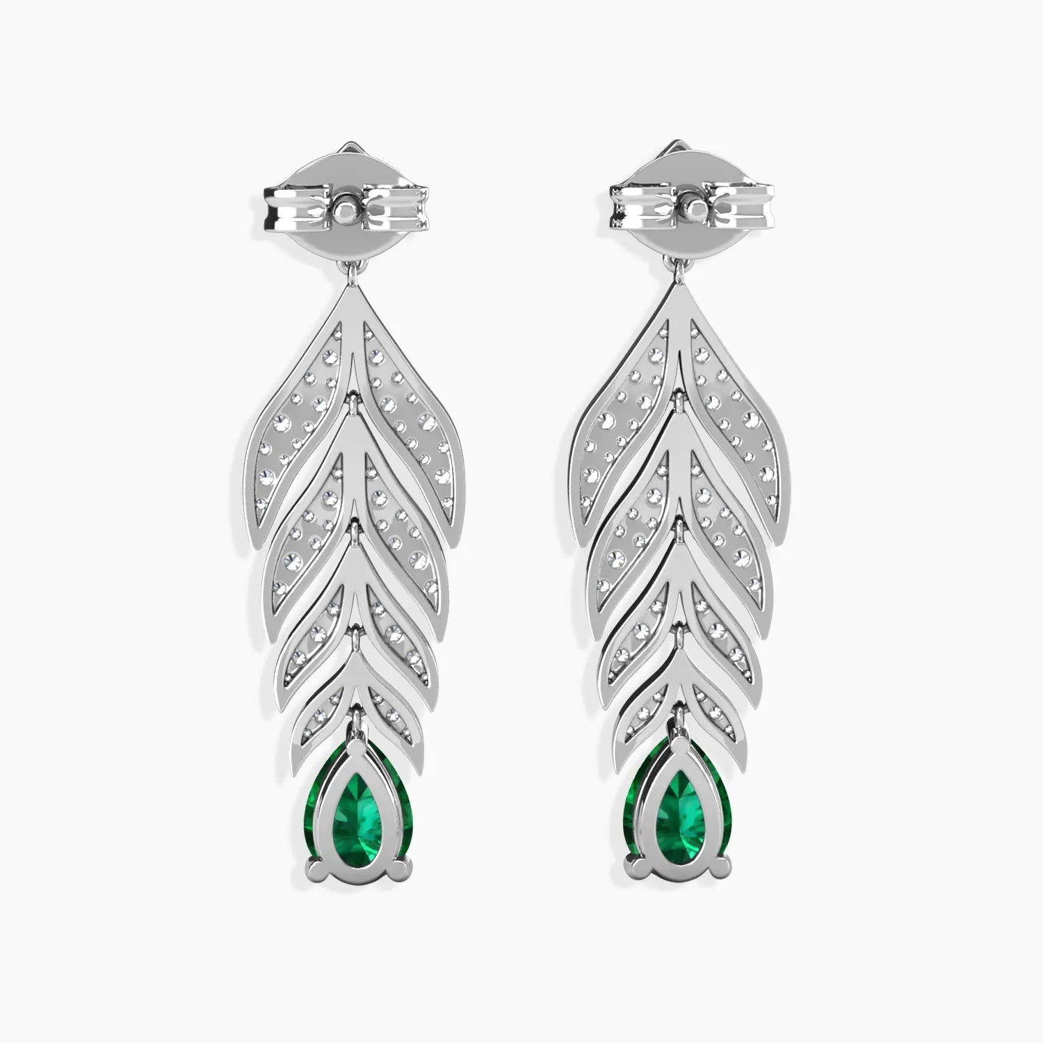 Backside view of the feather motif emerald drop earrings displayed side by side.