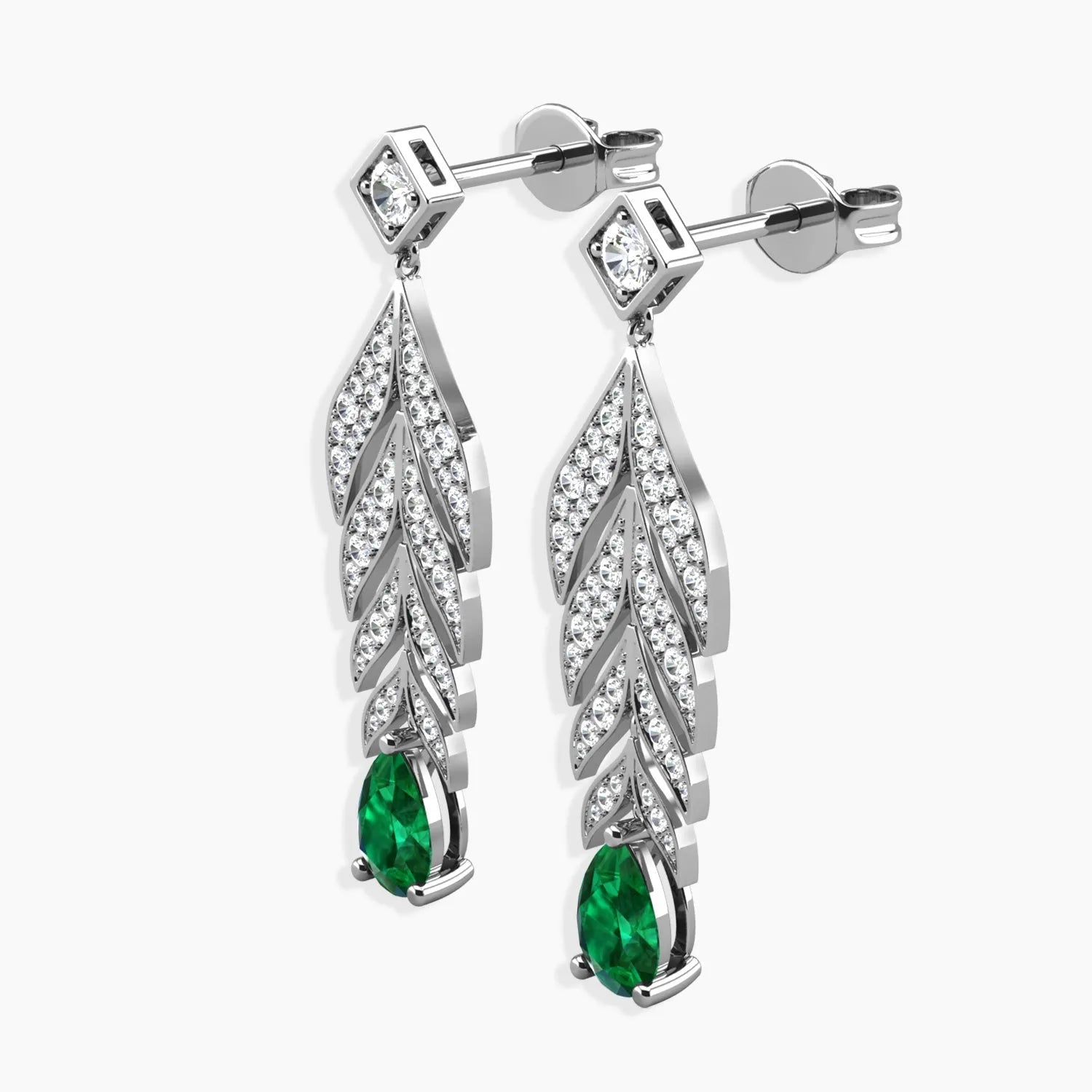 Angled shot highlighting the intricate feather design and pear-shaped emerald drops.