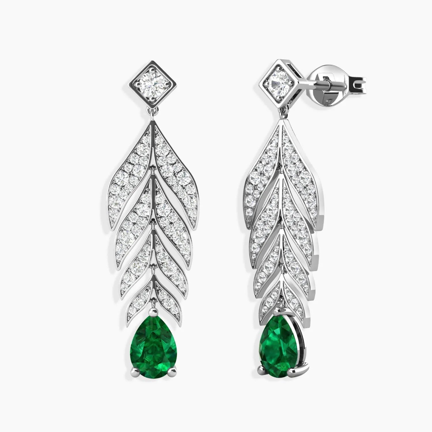 front and side view of the feather-inspired emerald drop earrings showing the clasp and metal finish.