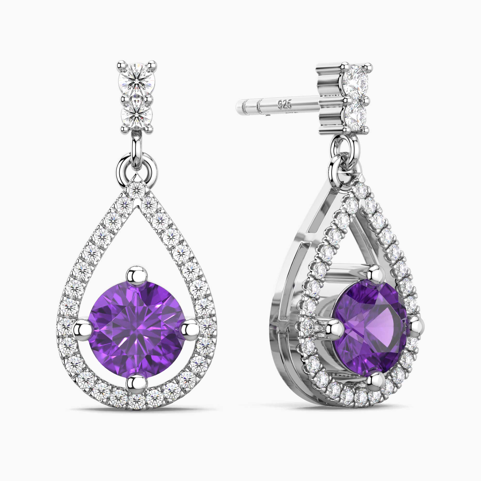 Amethyst Halo Drop Earrings in Sterling Silver – February Birthstone