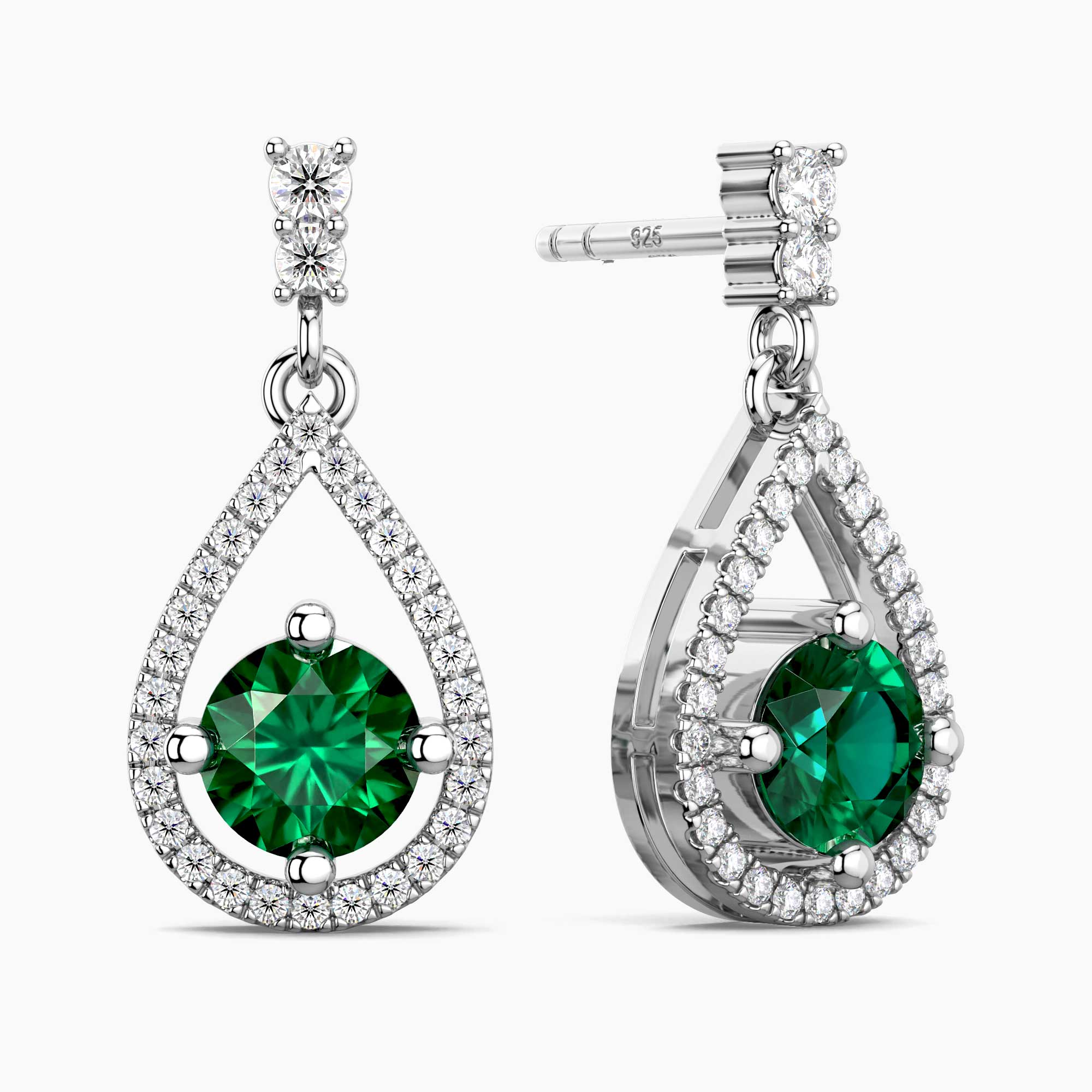 Emerald Halo Drop Earrings in Sterling Silver – May Birthstone