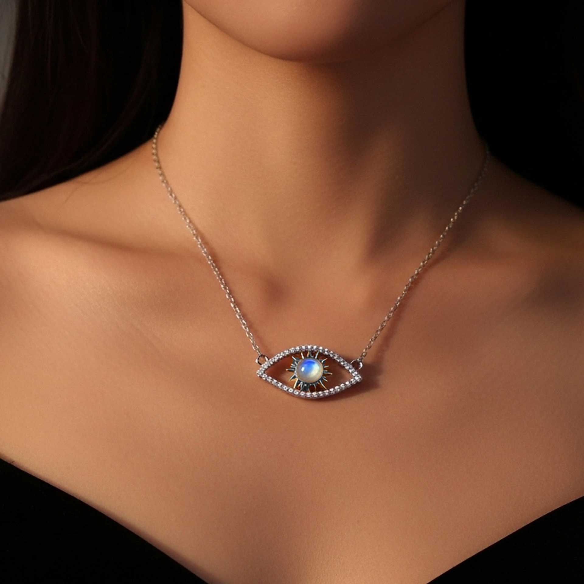 Evil Eye Necklace with Milky Blue Moonstone in Sterling Silver