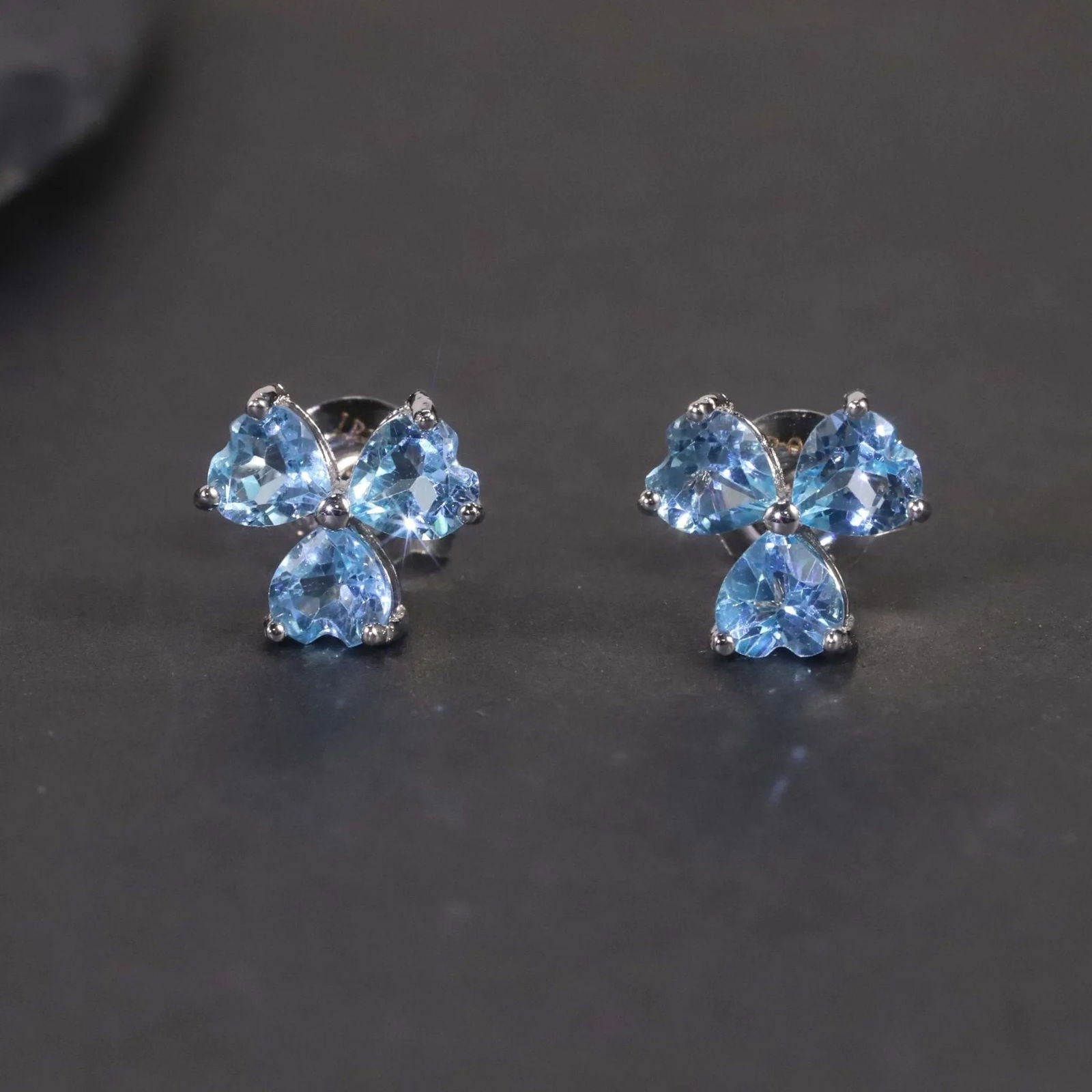 Flower Shape Stud Earrings in Sterling Silver - Swiss Blue Topaz - Irosk Australia