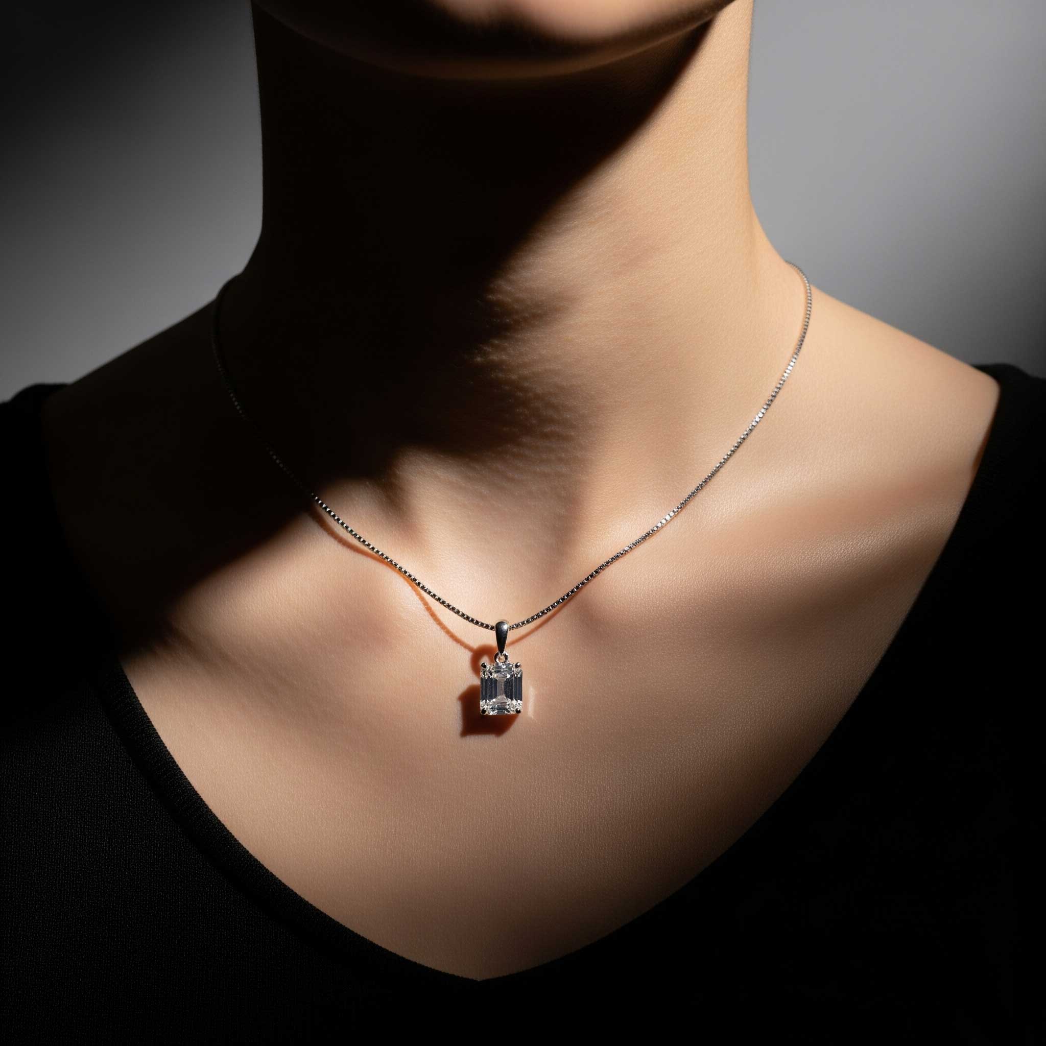 Moissanite Emerald Cut Pendant Necklace in Sterling Silver | Irosk
