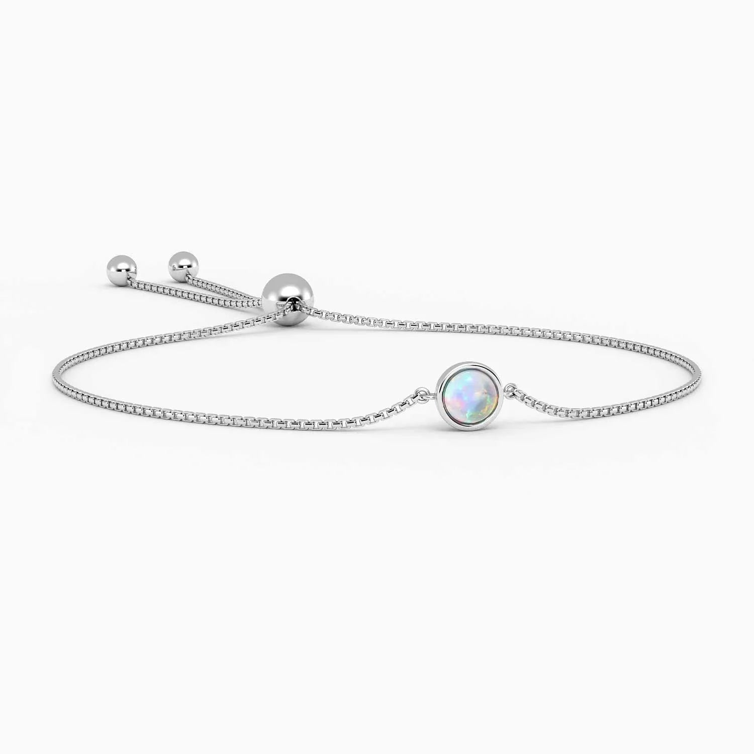 Bezel Set Round Opal Bracelet in Sterling Silver by Irosk ® - Elegant fine jewelry featuring natural opal stones in a bezel setting on a silver box chain