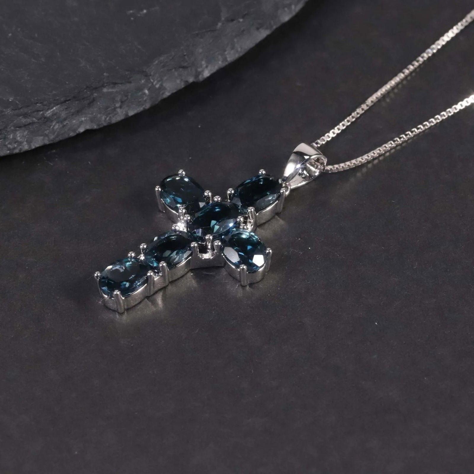 London Blue Topaz Cross Pendant Necklace in 925 Sterling Silver - Irosk Australia ® - Irosk Australia