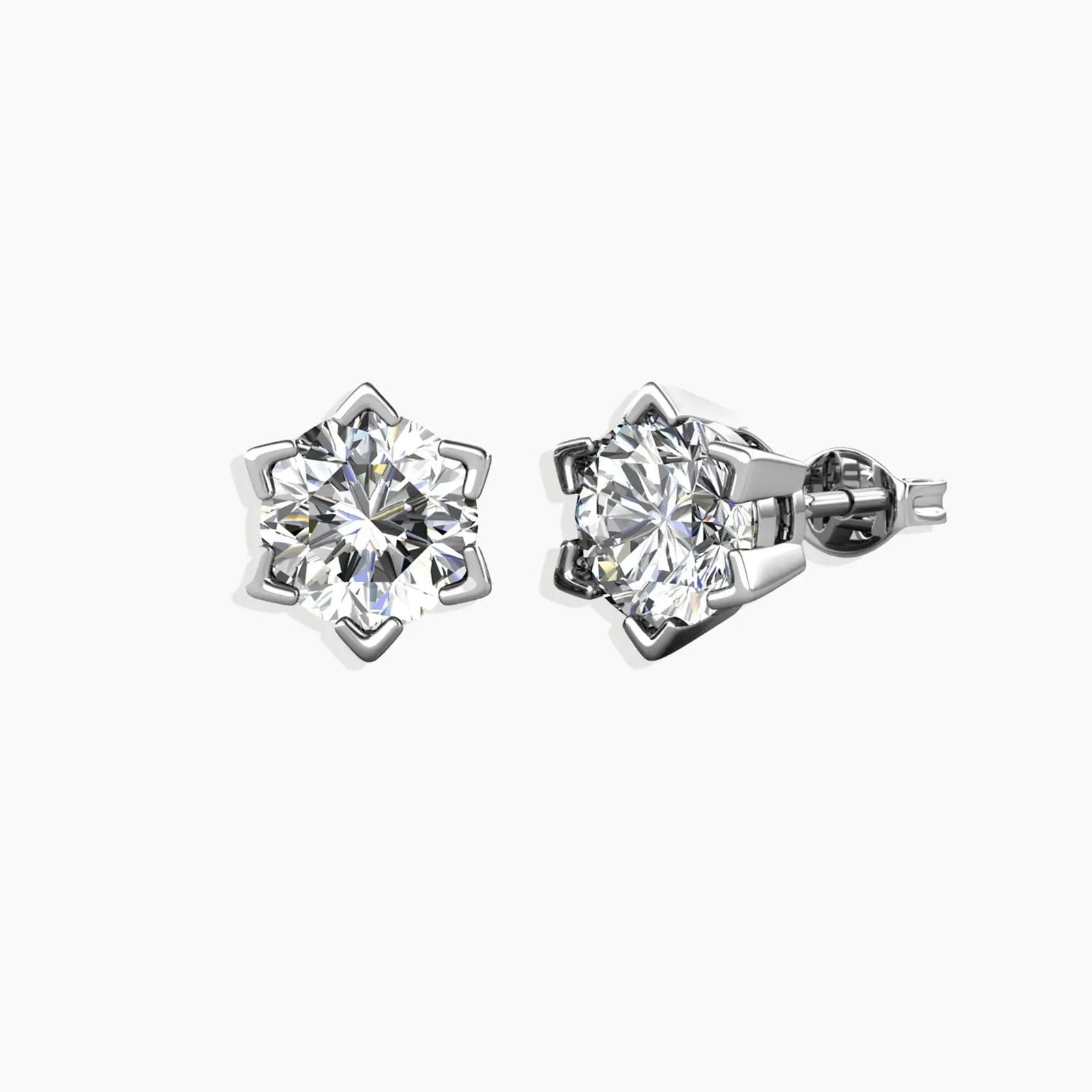 Front and side views of the 1ct Moissanite Round-Cut Stud Earrings, highlighting their brilliant sparkle and sterling silver setting.