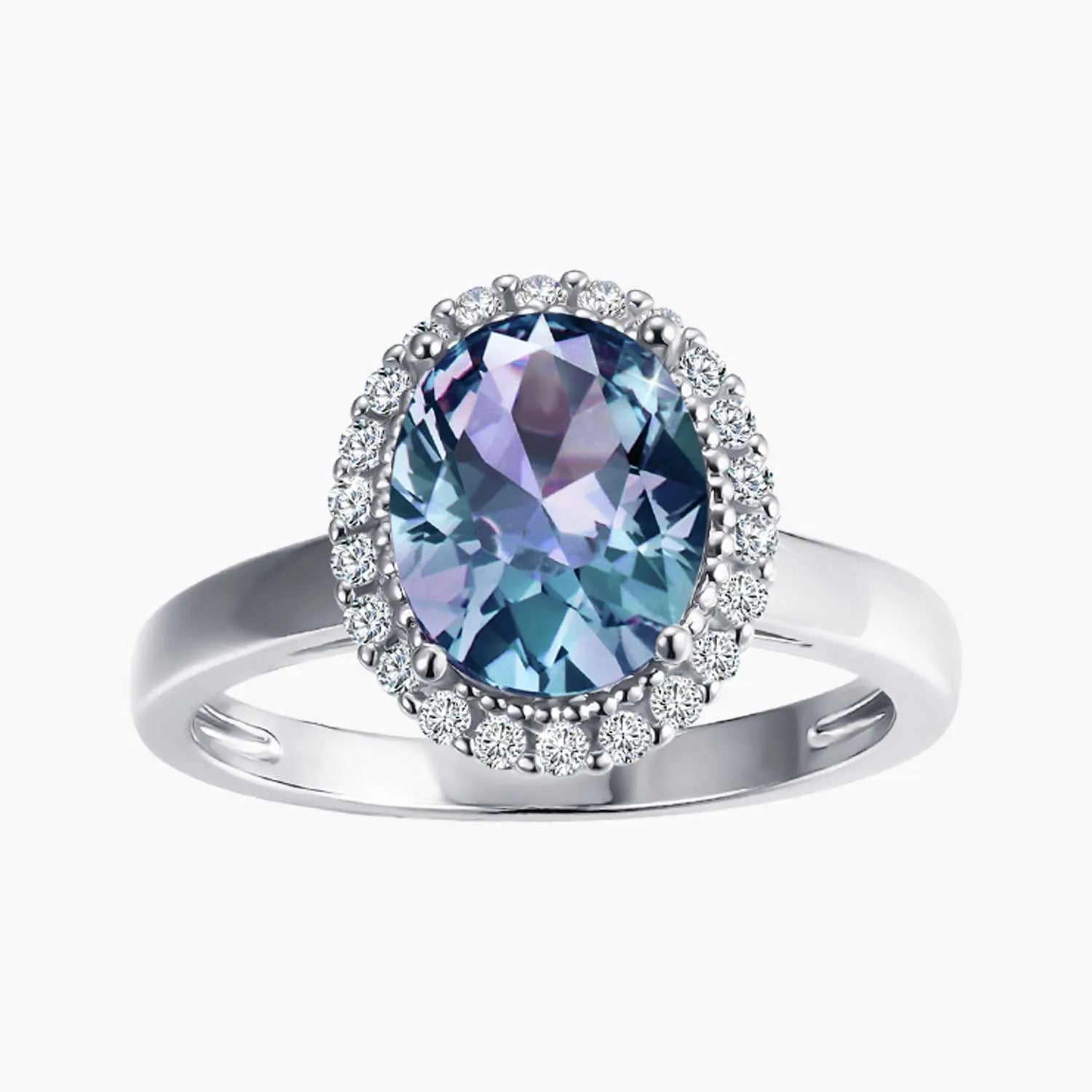 Oval-cut Alexandrite ring in rhodium-plated sterling silver with cubic zirconia halo – Irosk design
