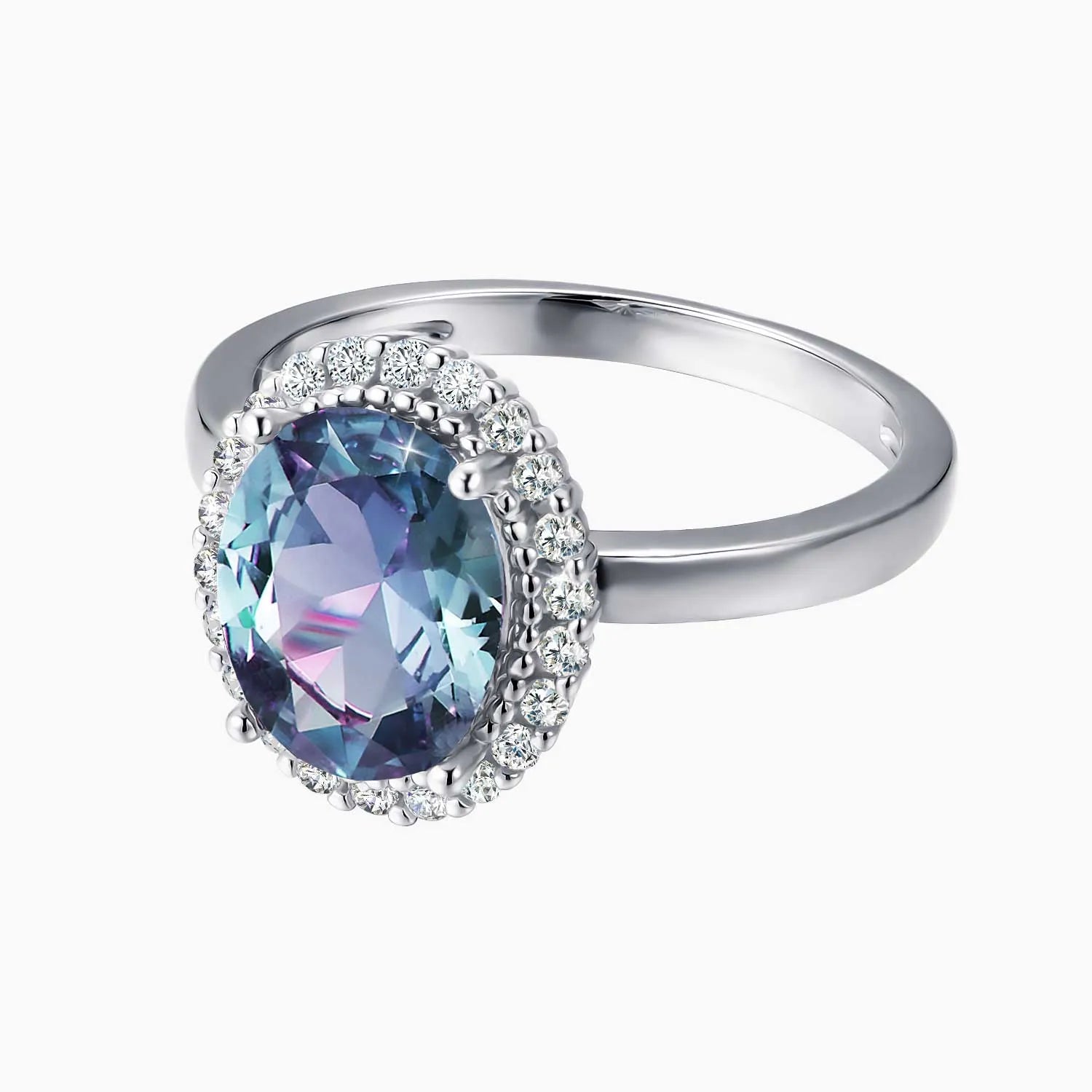 Elegant Alexandrite gemstone ring in silver showing side profile and detailed prong setting