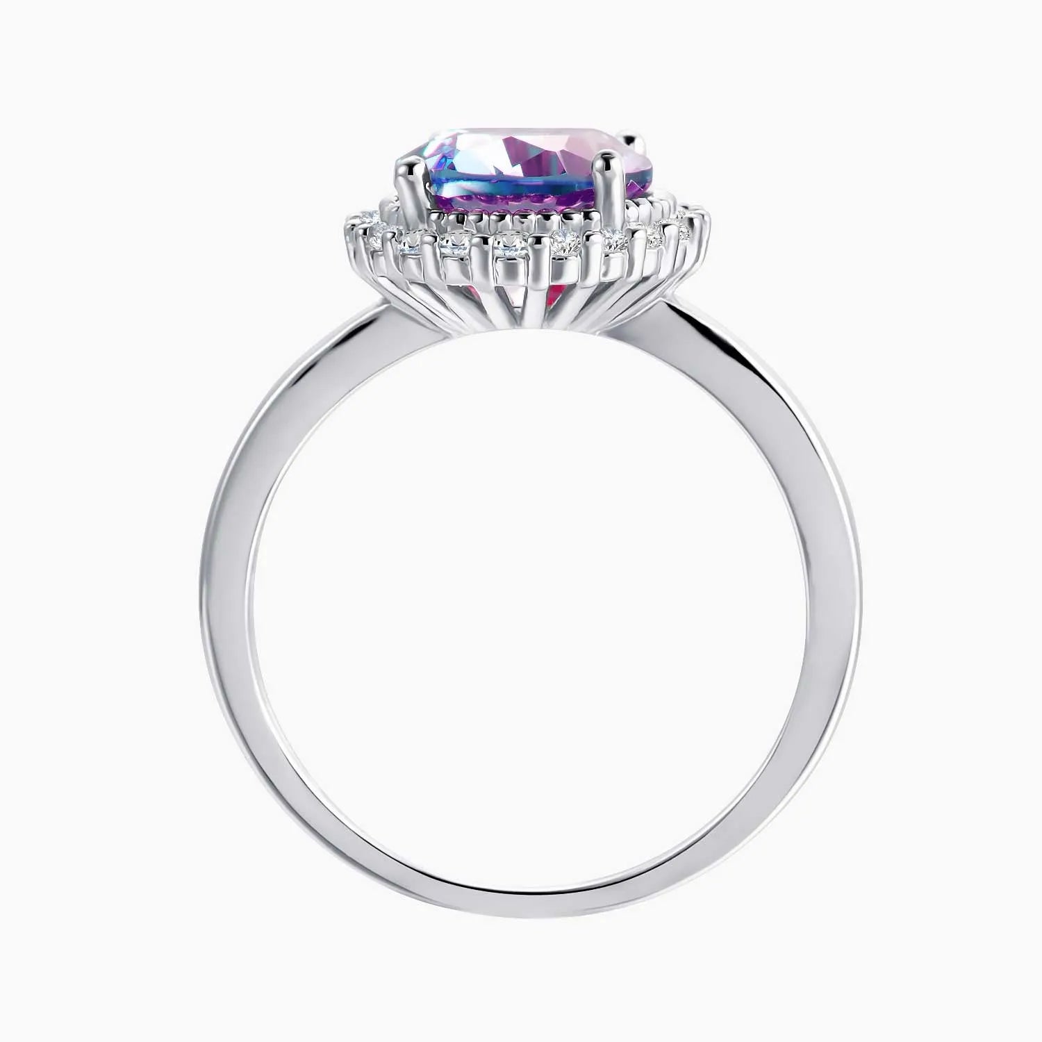 Side view of Alexandrite ring with raised oval gemstone and halo in sterling silver
