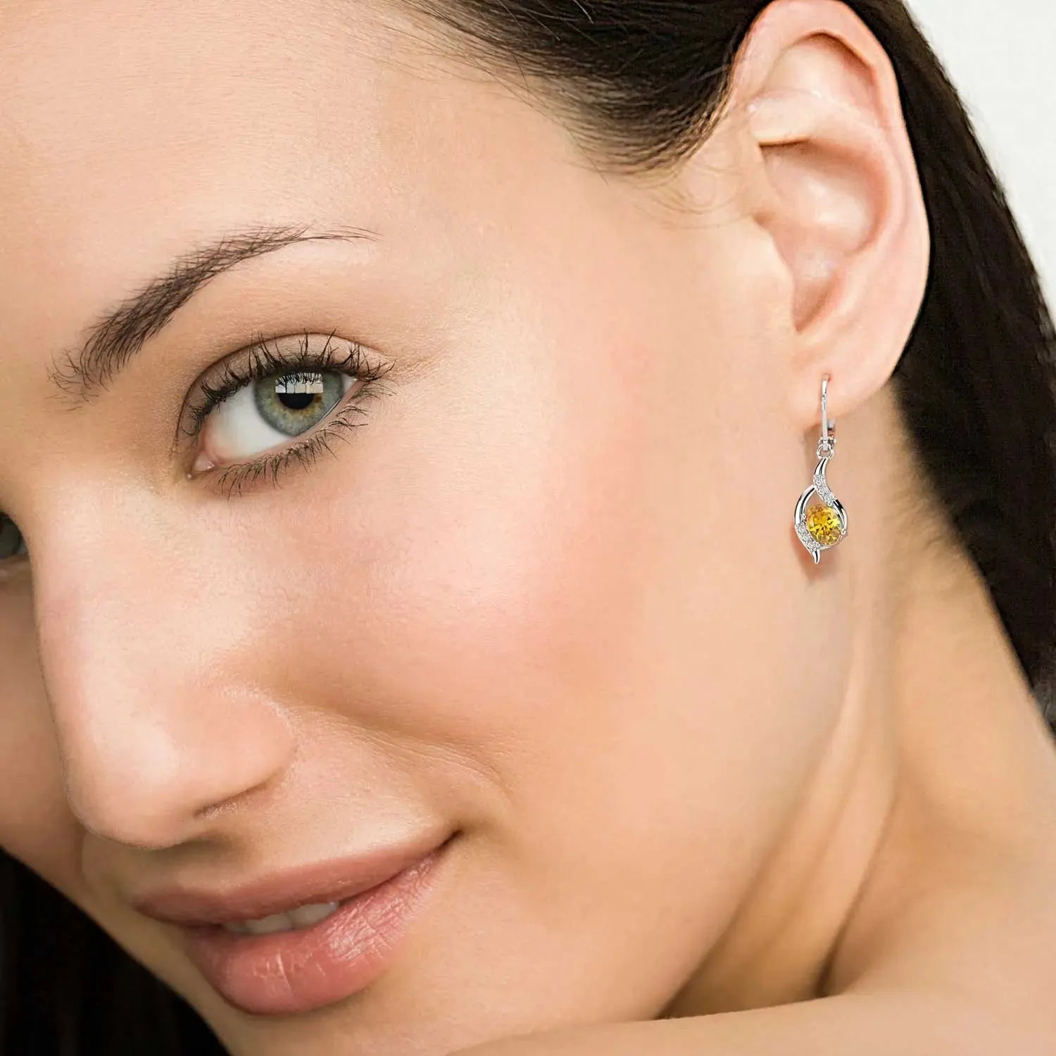 citrine gemstone leverback earrings on model