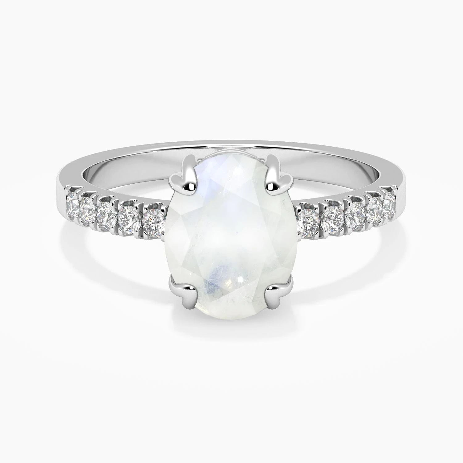 Oval moonstone ring in rhodium-plated sterling silver with CZ side accents by Irosk.