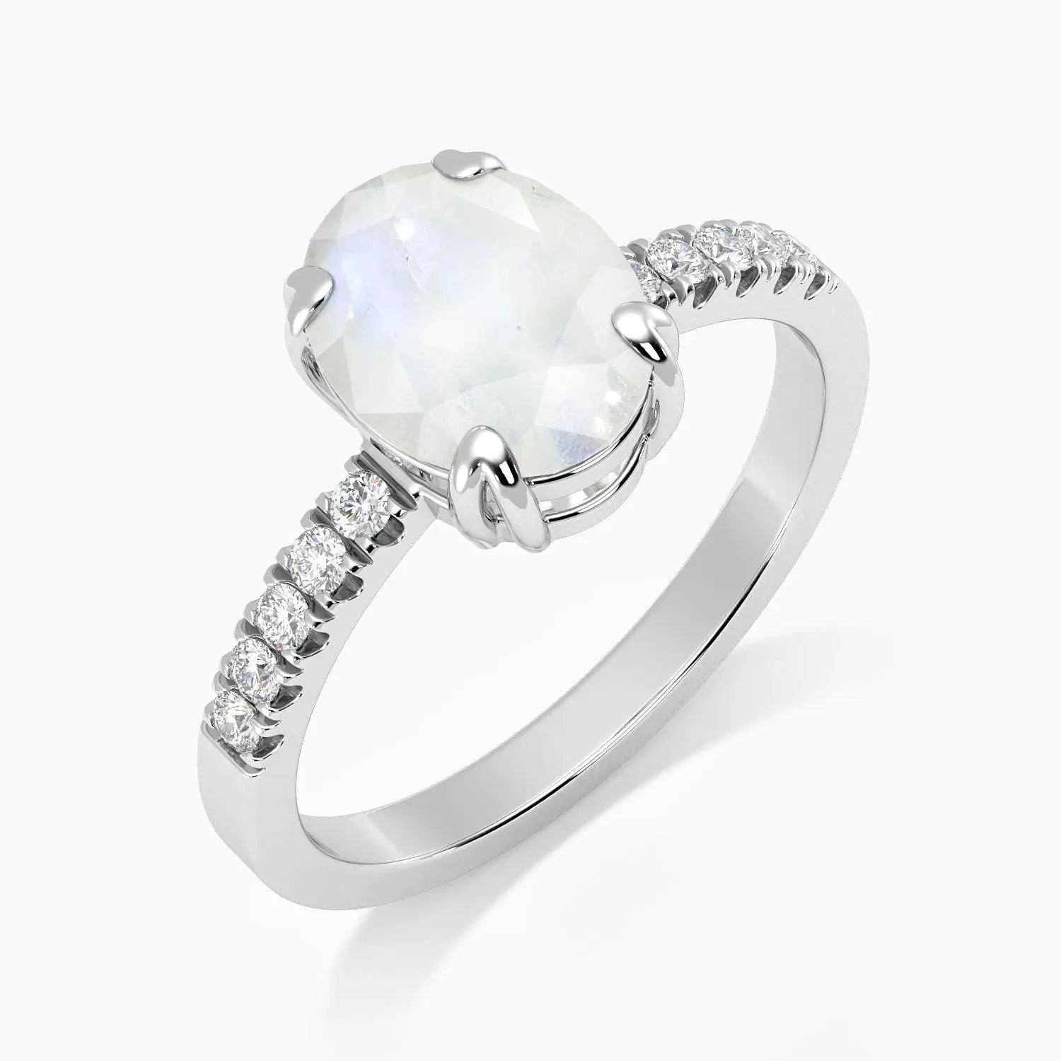 Elegant side view of the Irosk moonstone ring featuring a 9x7 mm oval-cut natural gemstone with sparkling CZ band