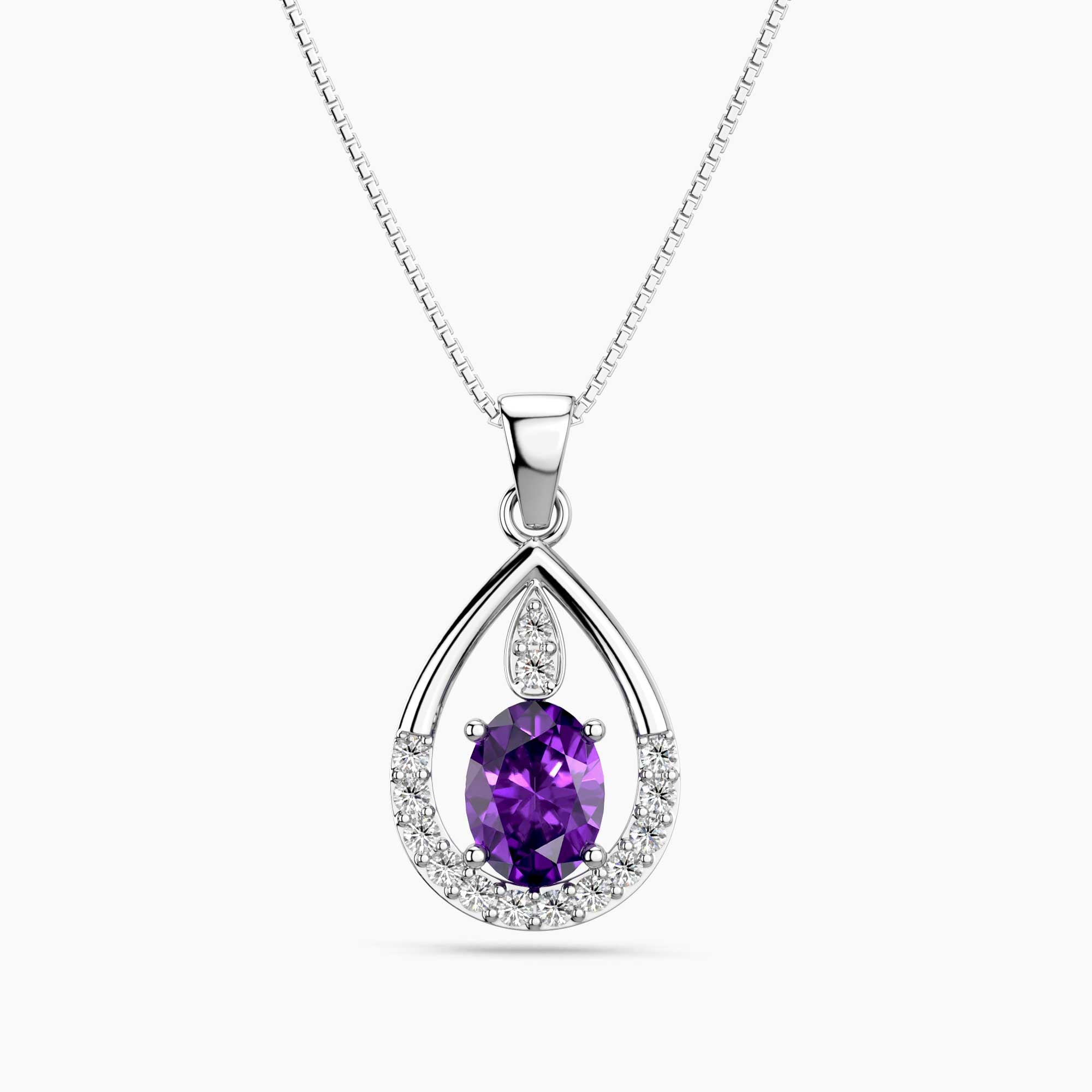 Amethyst Teardrop Halo Pendant Necklace in Sterling Silver – February Birthstone | Irosk ®