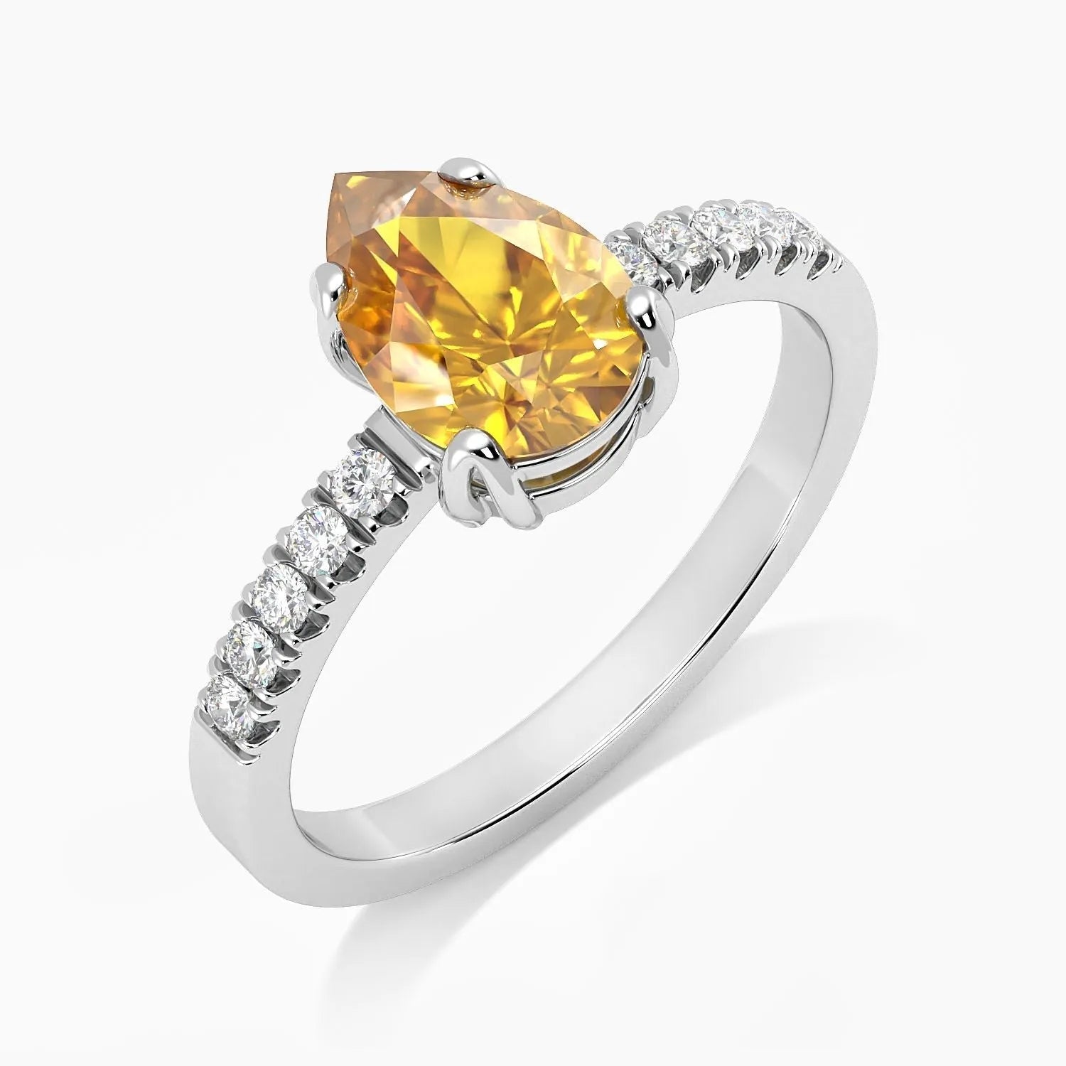 side view of pear shaped citrine ring in silver
